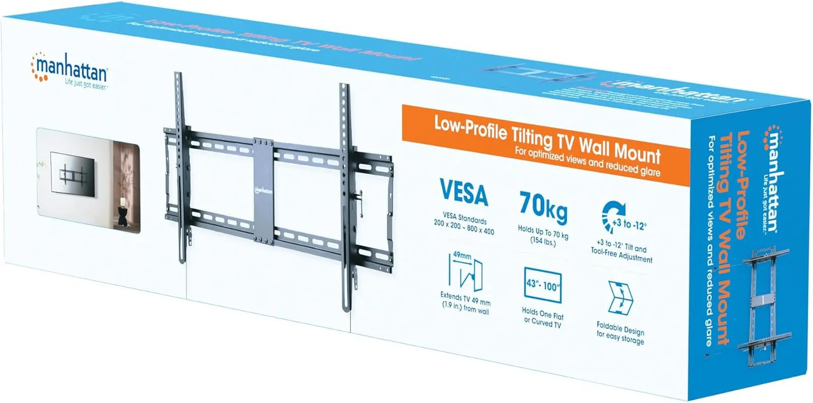 Flat Tilt TV Wall Mount for Large 43-100 inch TVs up to 155 lbs, Ultra Slim Design, Spring Loaded, Pull Cord, Max 800 x 400 VESA - 462020