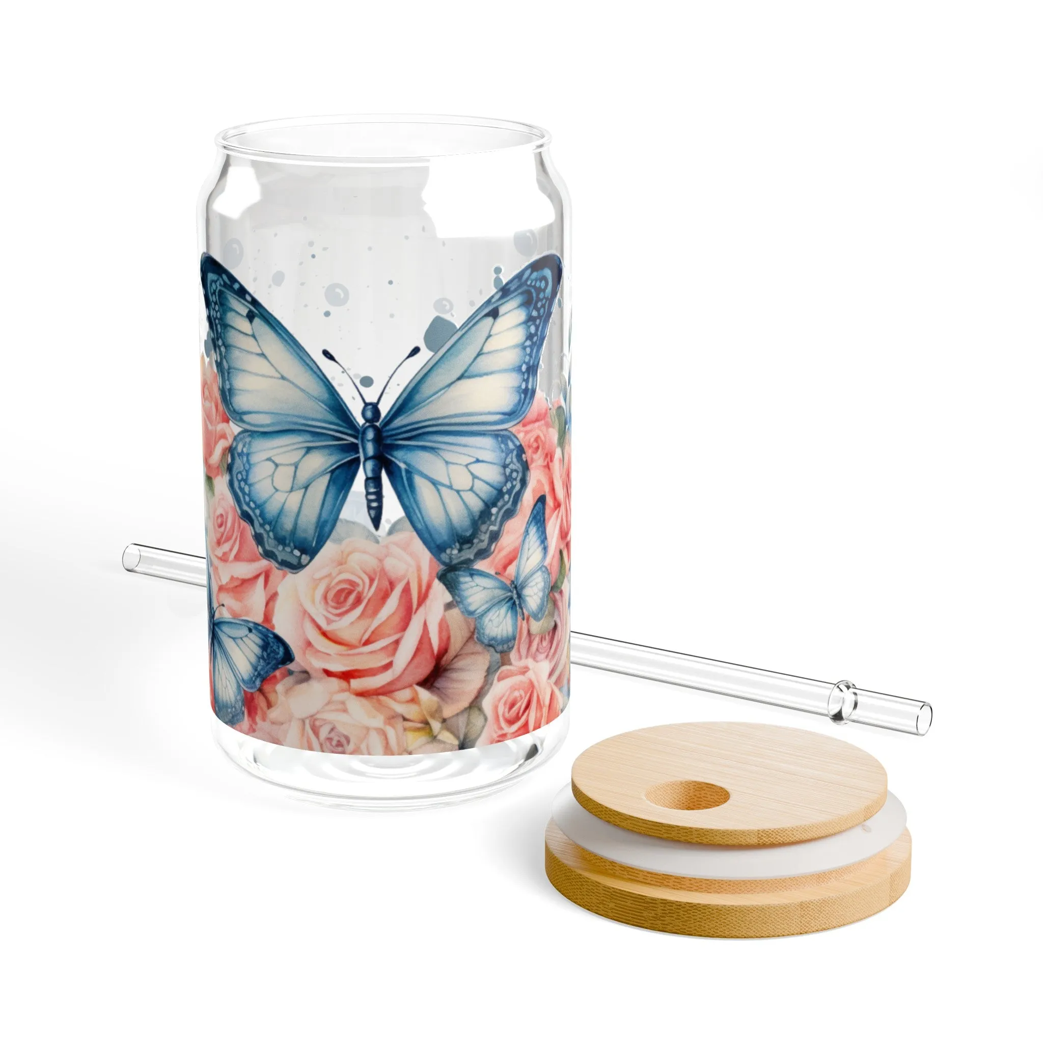 Flower Butterfly Can Shaped Glass, 16oz