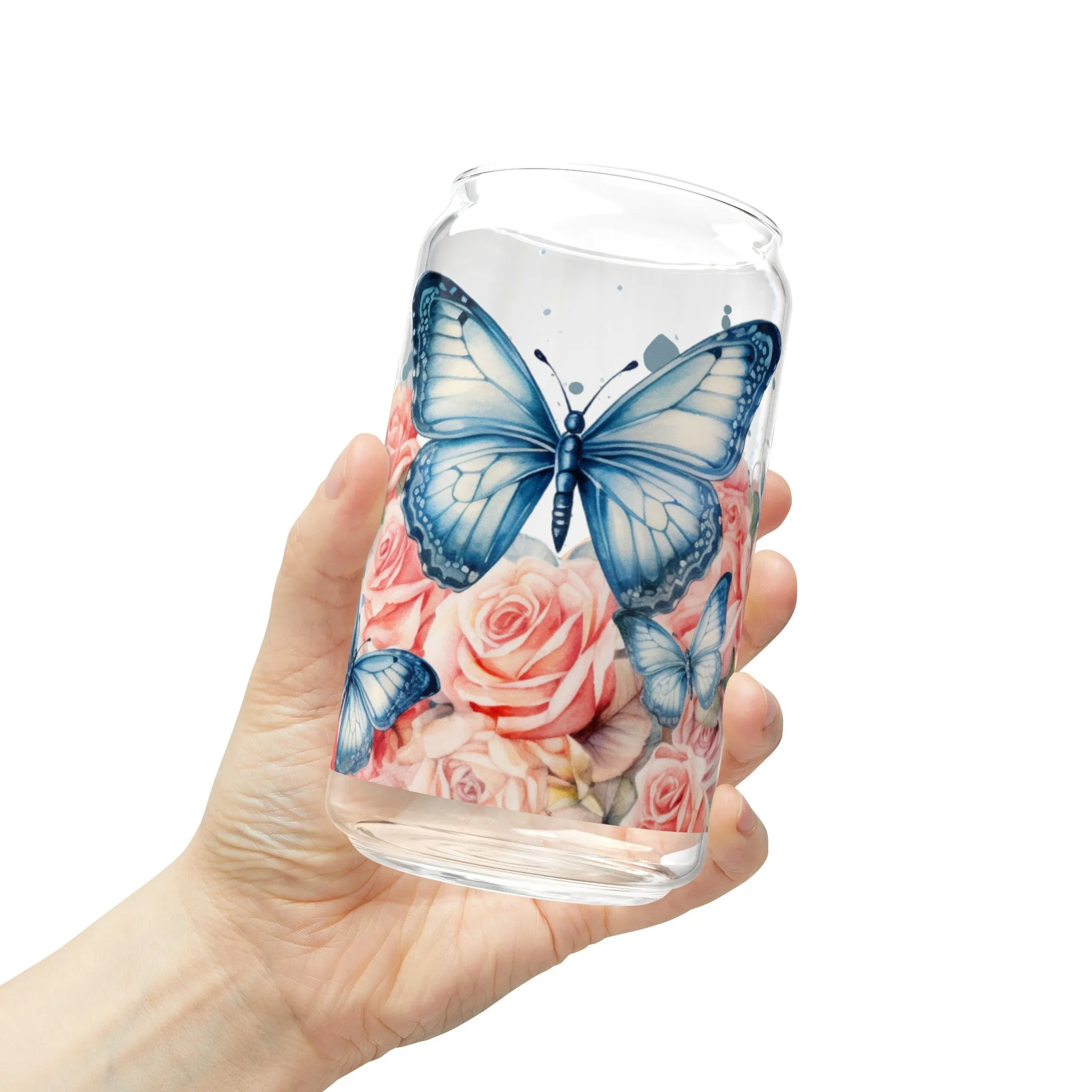 Flower Butterfly Can Shaped Glass, 16oz