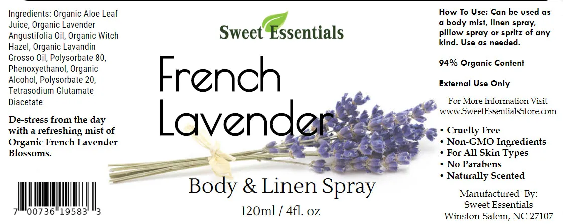 French Lavender Body & Linen Spray - 4oz Glass Spray Bottle - 94% Organic Content - Lavandula Angustifolia Aromatherapy Mist - Safe for Kids and Pets