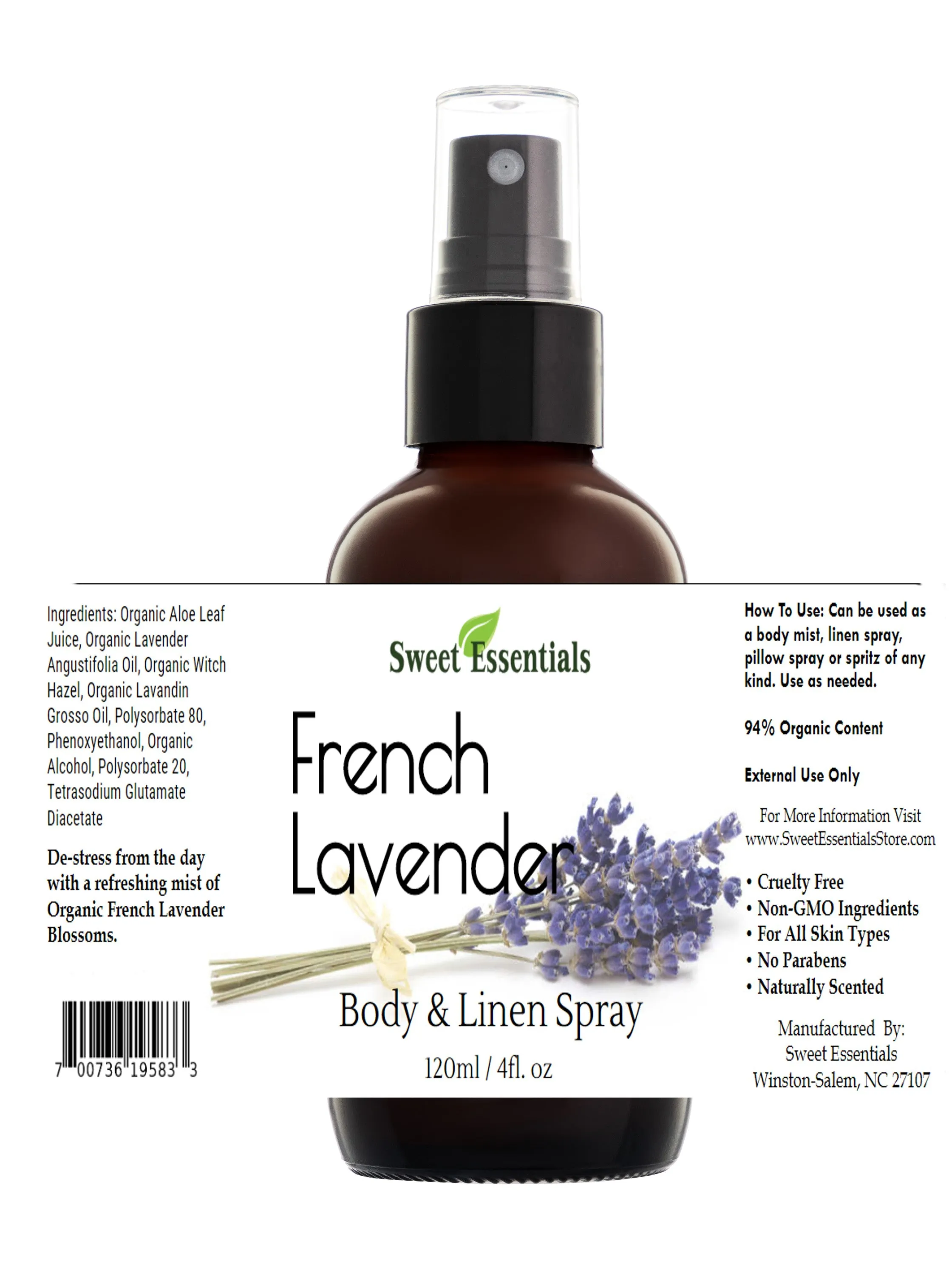 French Lavender Body & Linen Spray - 4oz Glass Spray Bottle - 94% Organic Content - Lavandula Angustifolia Aromatherapy Mist - Safe for Kids and Pets