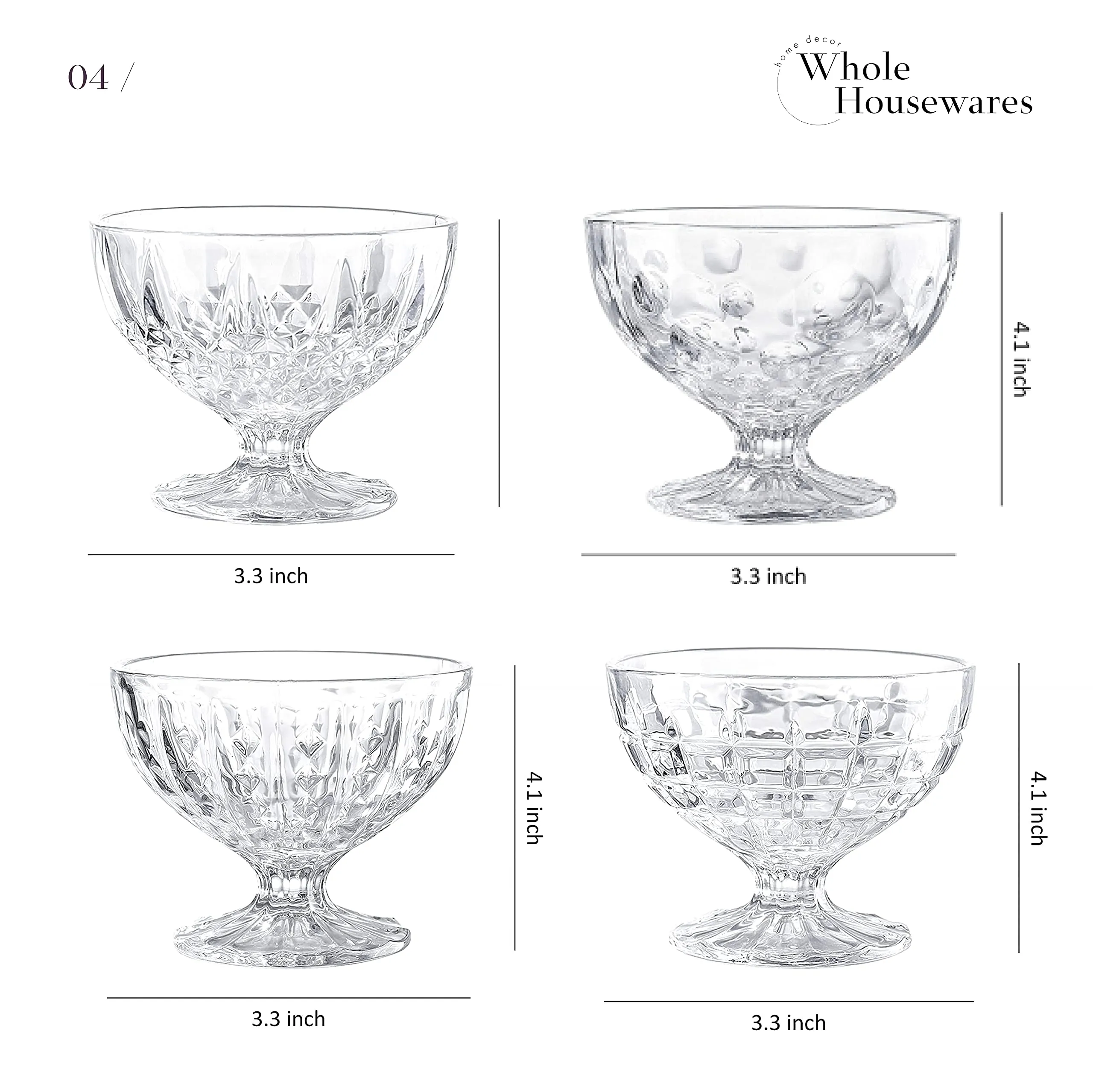 Glass Dessert Bowls | Set Of 4 Unique Cups | 8 Ounce Clear Glass | Glass Ice Cream Sunda