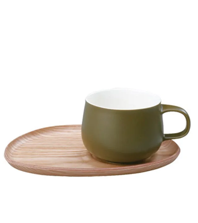 Glassware: KINTO Fika Cafe Mug & Wooden Plate - Green, 250ml/8.5 fl. oz, available in 2 plate sizes