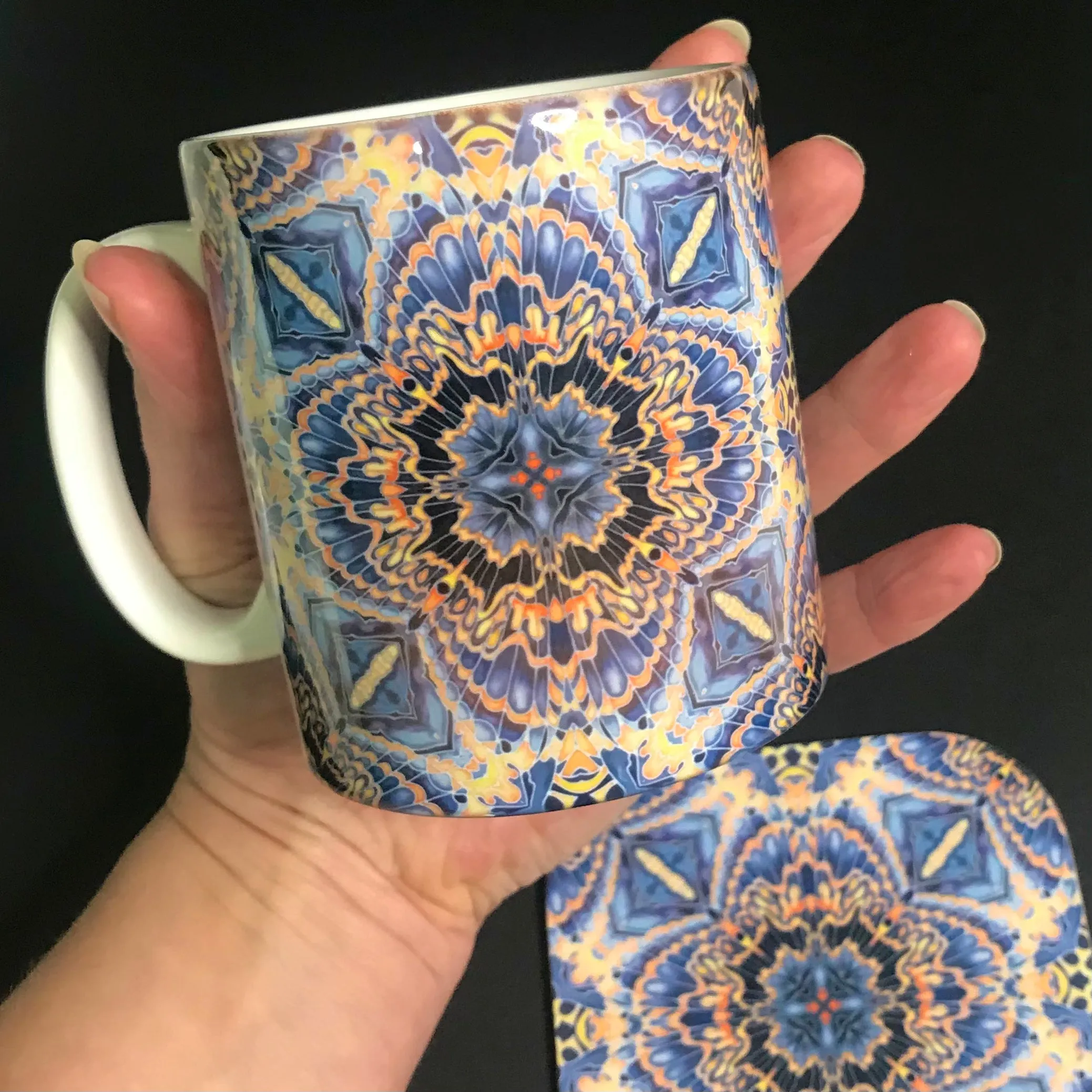 Gorgeous Orange Grey Blue Kaleidoscope Mug and Coaster box set only - Contemporary Mug Set - Grey Blue Orange Mug Gift