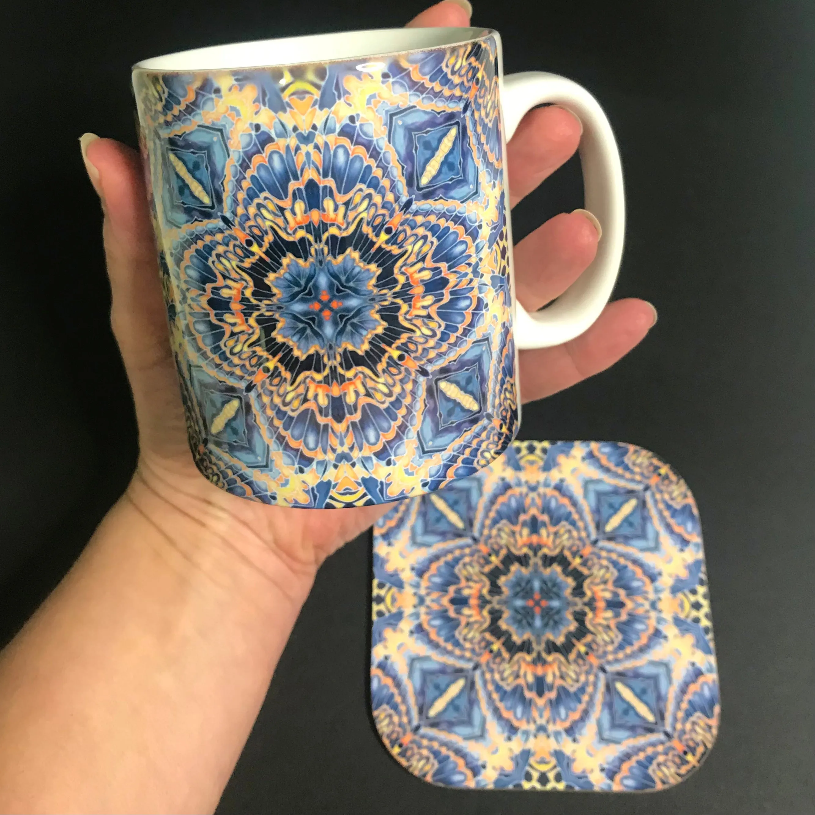 Gorgeous Orange Grey Blue Kaleidoscope Mug and Coaster box set only - Contemporary Mug Set - Grey Blue Orange Mug Gift