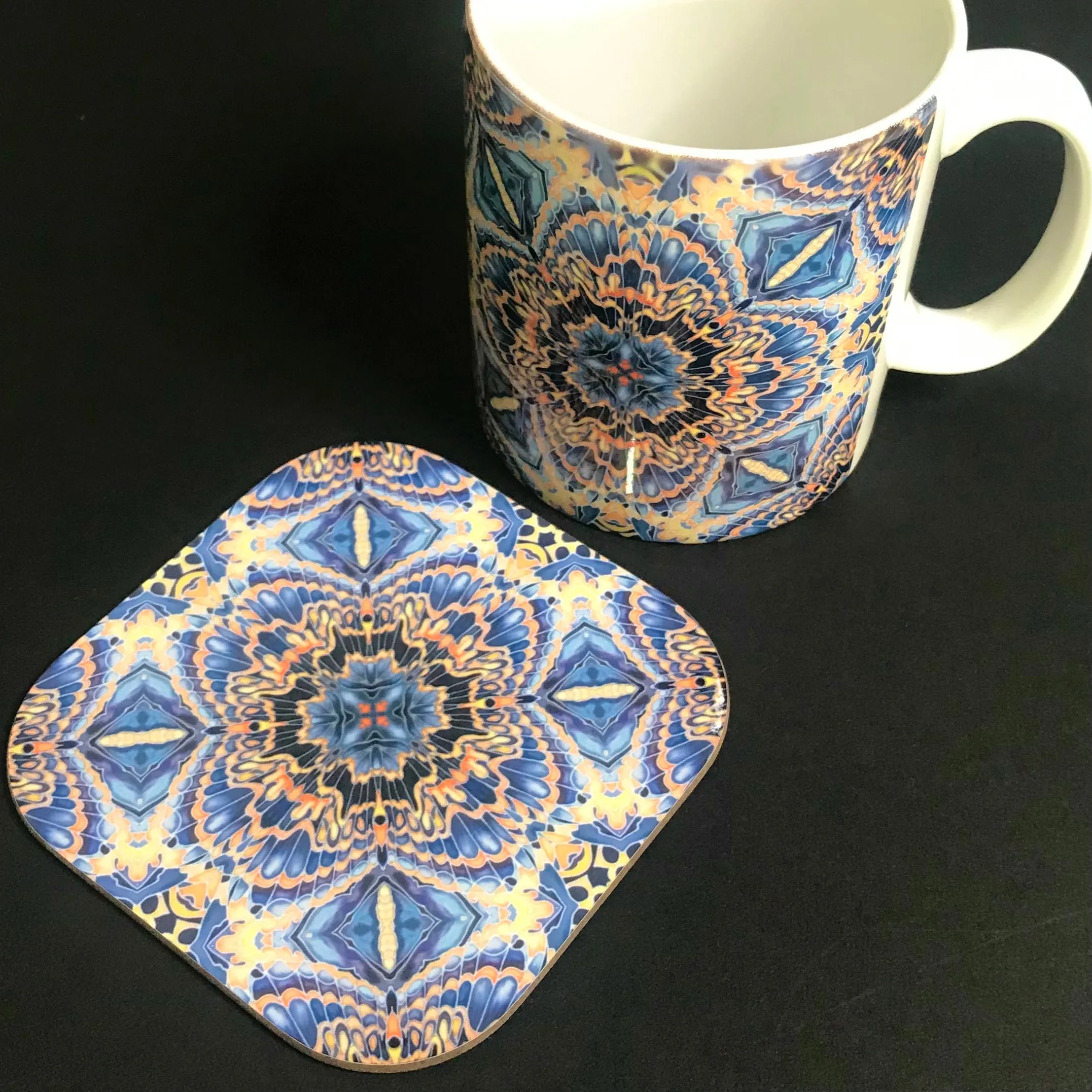 Gorgeous Orange Grey Blue Kaleidoscope Mug and Coaster box set only - Contemporary Mug Set - Grey Blue Orange Mug Gift