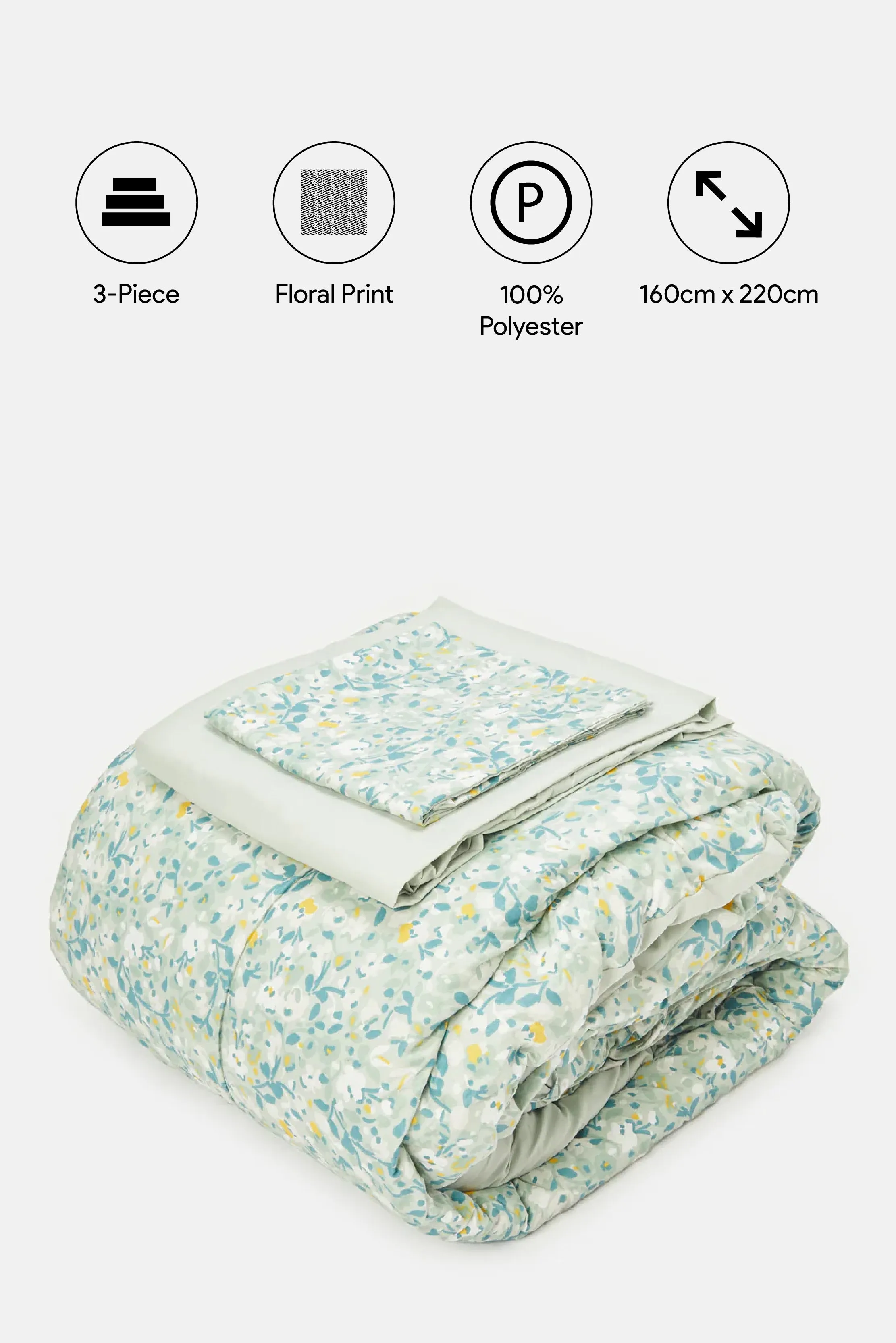 Green Floral Printed Comforter 3 Piece Set (Single Size)