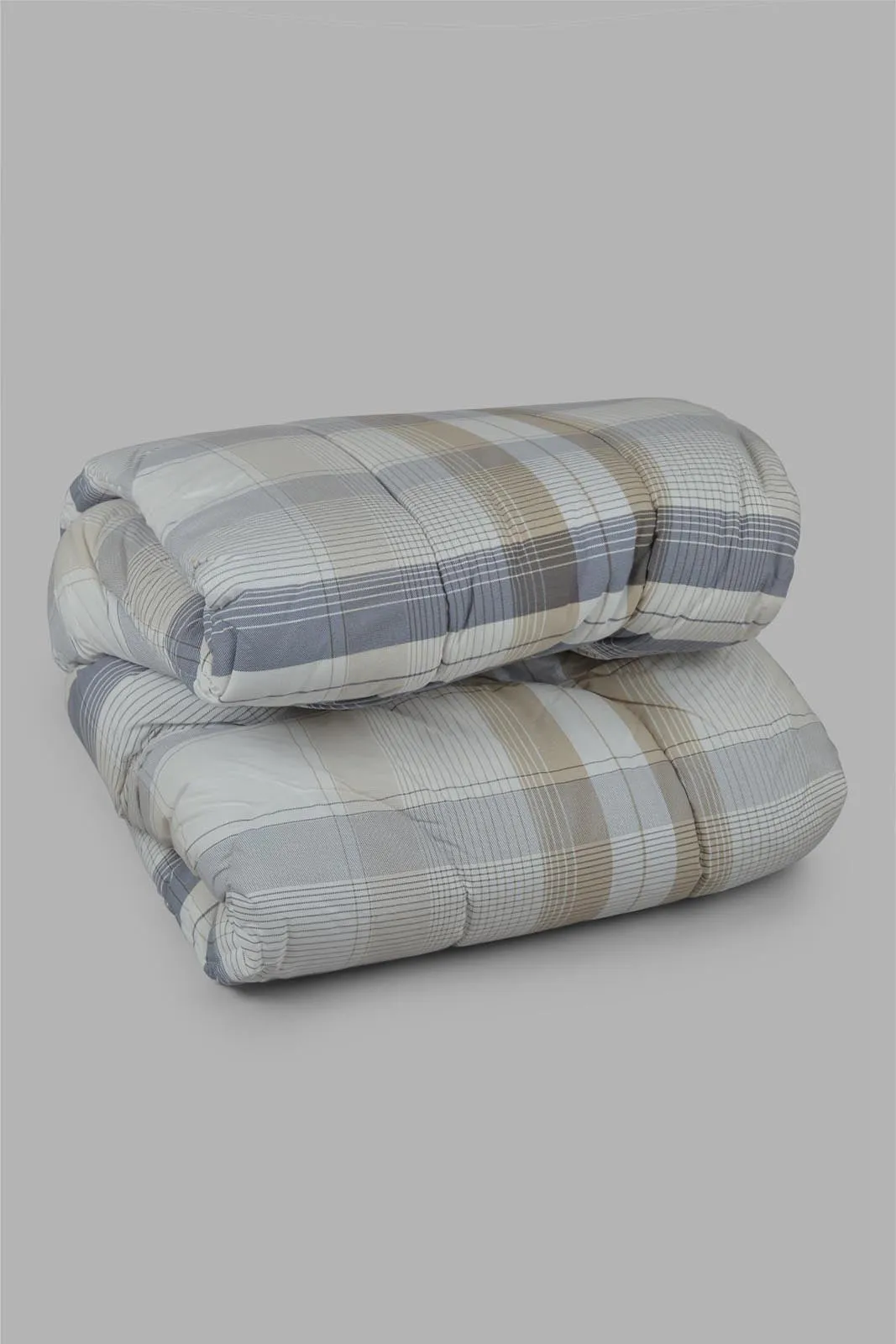 Grey And Beige Checkered 4-Piece Comforter Set (Double Size)