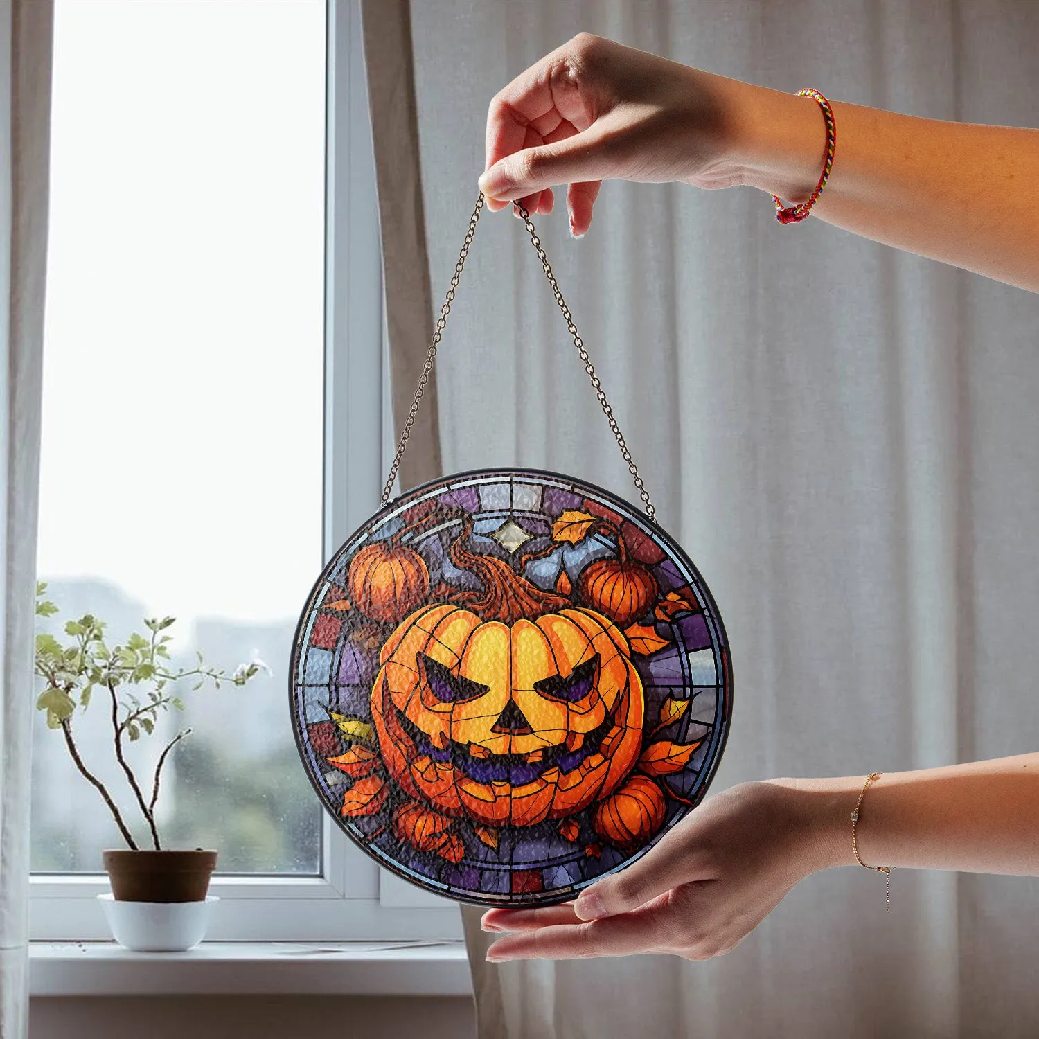 Halloween Stained Glass Suncatcher Collection | Decorative Window Hanging | 2 Sizes | Holiday Decor Accents | Spooky Pumpkin