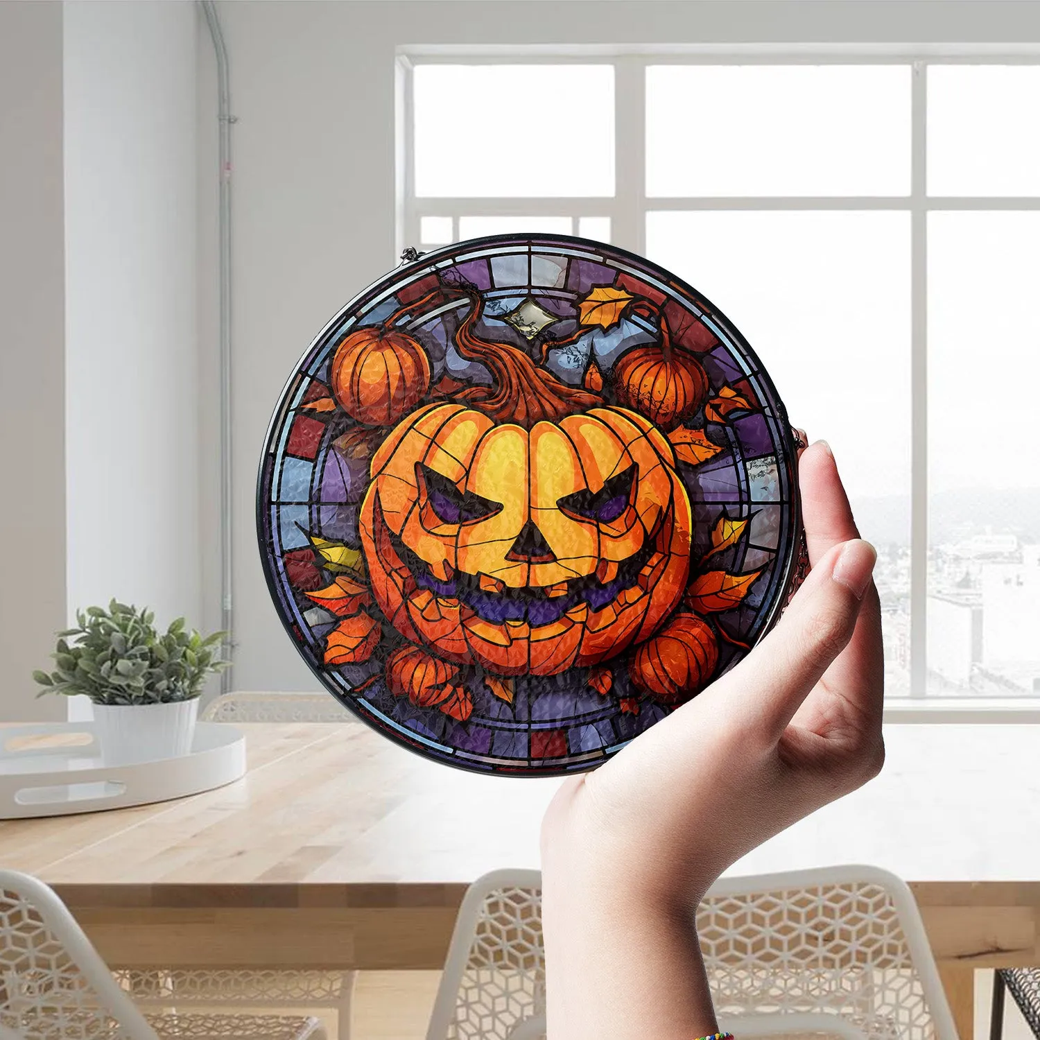 Halloween Stained Glass Suncatcher Collection | Decorative Window Hanging | 2 Sizes | Holiday Decor Accents | Spooky Pumpkin