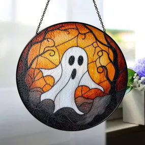 Halloween Stained Glass Suncatcher Collection | Decorative Window Hanging | 2 Sizes | Holiday Decor Accents | White Ghost