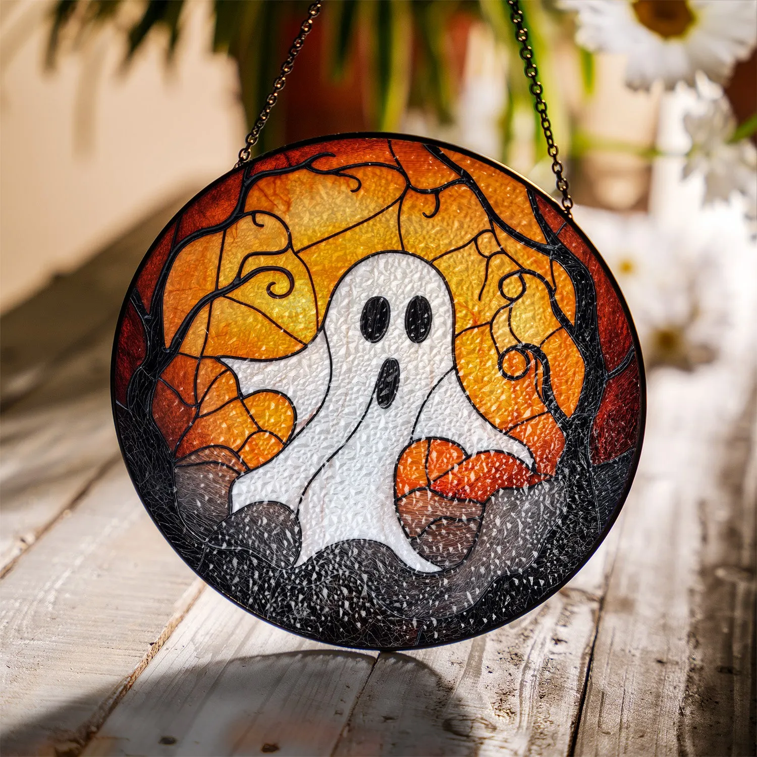 Halloween Stained Glass Suncatcher Collection | Decorative Window Hanging | 2 Sizes | Holiday Decor Accents | White Ghost