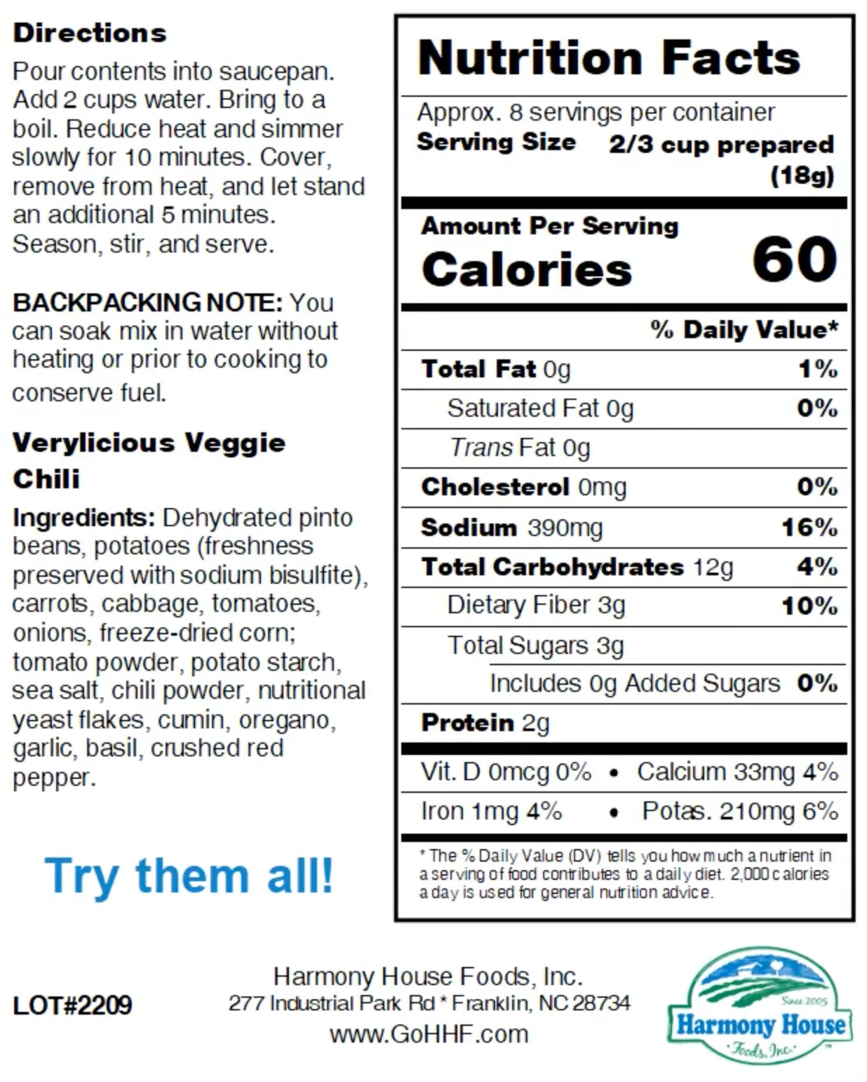 Harmony House Verylicious Veggie Chili (5 oz.)