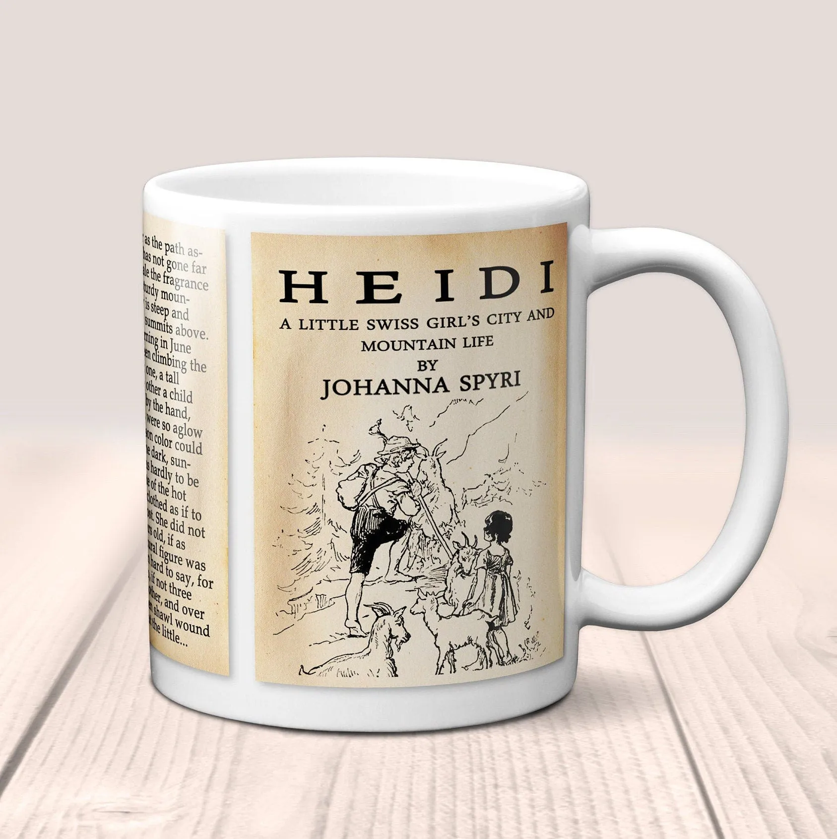 Heidi by Johanna Spyri Mug. Coffee Mug with Heidi book Title and Book Pages, Bookish Gift, Literary Mug.