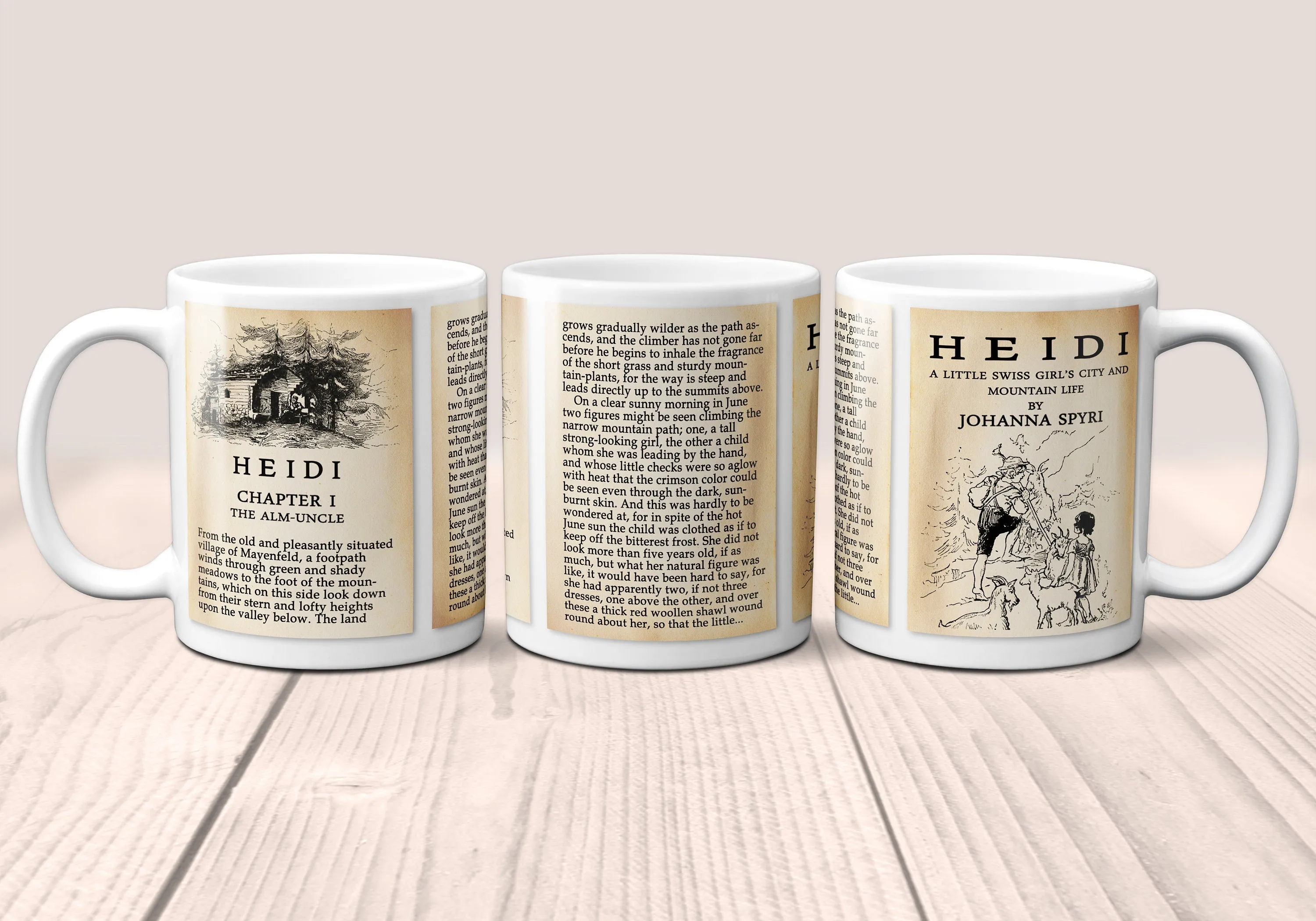 Heidi by Johanna Spyri Mug. Coffee Mug with Heidi book Title and Book Pages, Bookish Gift, Literary Mug.