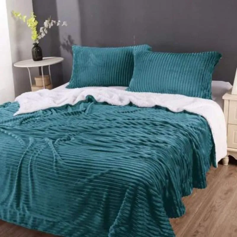 Home Fashion Stripe Flannel Sherpa Teal Comforter Set