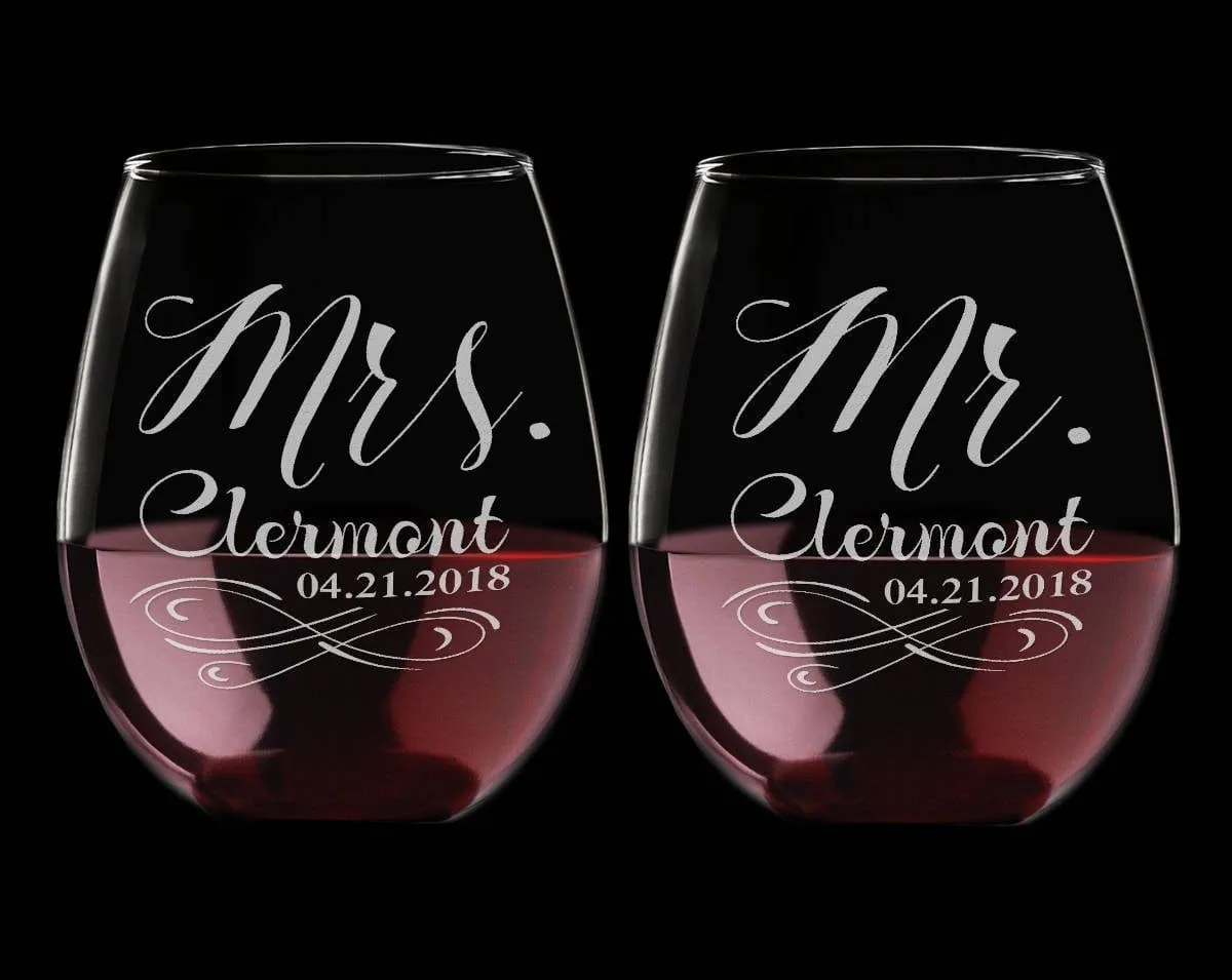 Infinity Mr Mrs Custom Stemless Glass Couples Soon to Be Husband Wife Wedding Gift Favor Newly Married Bride Groom Set of 2 Wine Glasses