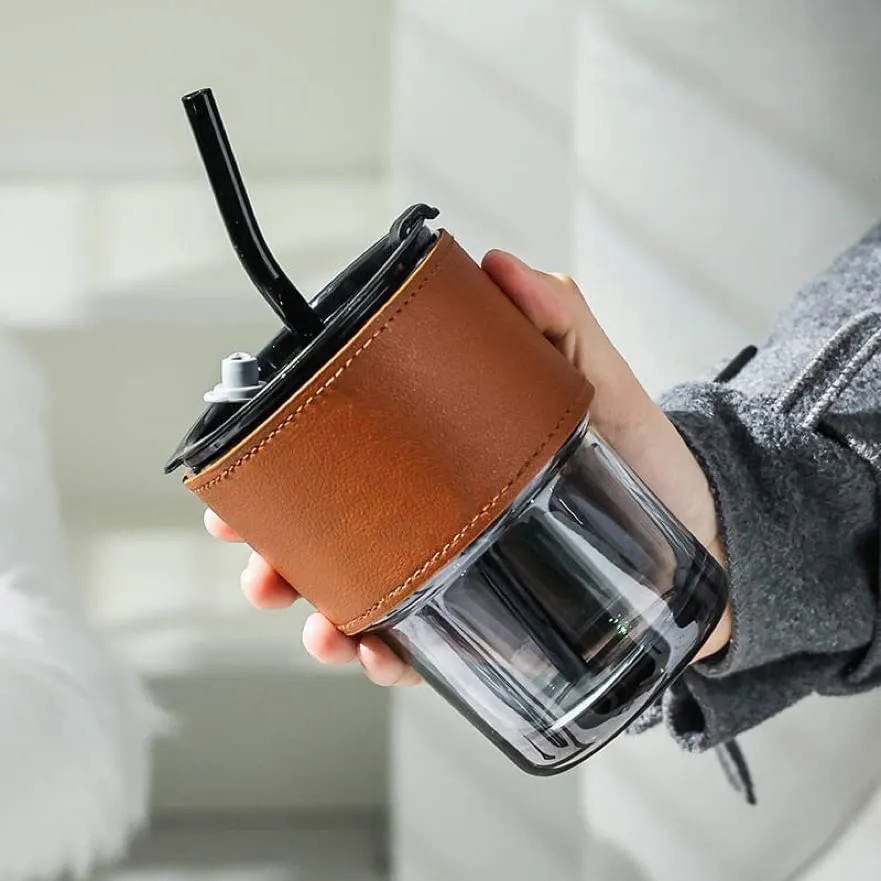 KELVEE Glass Reusable Sipper Bottle with Leather Sleeve Glass Coffee Mug with Silicone Straw and Leakproof Lid Tumbler for Coffee,Tea, Milk Beverages 435ml…