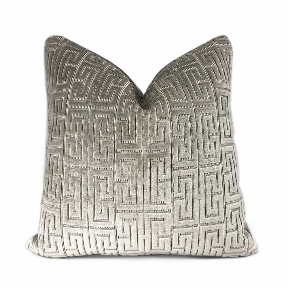 Knossos Mineral Gray Greek Key Cut Velvet Pillow Cover