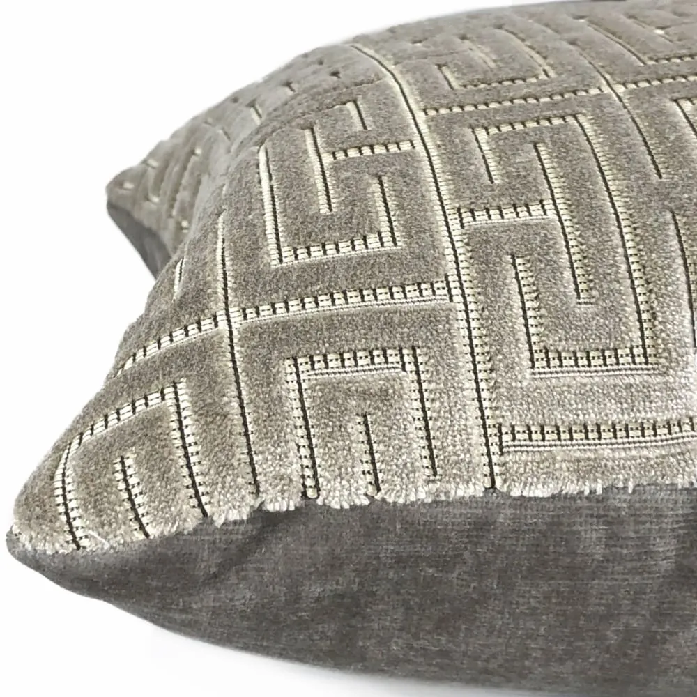 Knossos Mineral Gray Greek Key Cut Velvet Pillow Cover