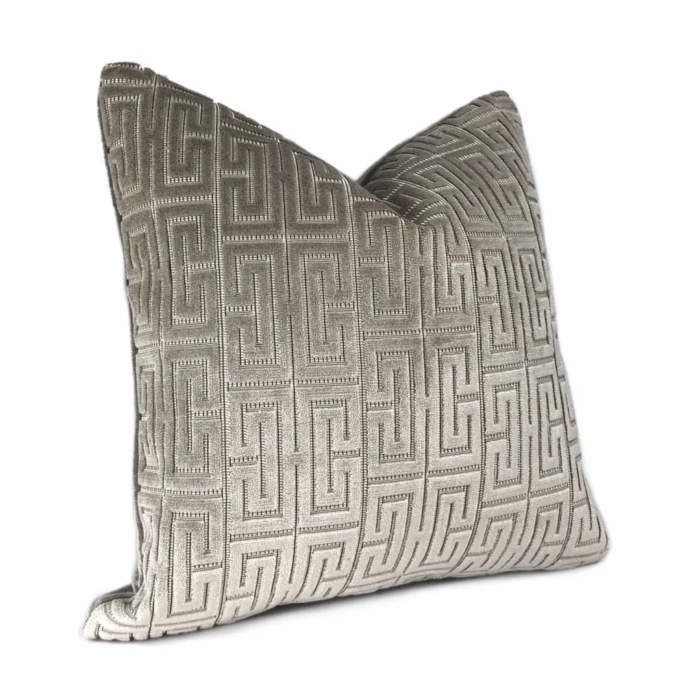 Knossos Mineral Gray Greek Key Cut Velvet Pillow Cover