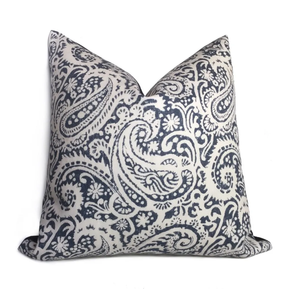 Kravet Arta Indigo Blue Off-White Paisley Linen Pillow Cushion Cover