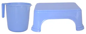 Kuber Industries 2 Pieces Unbreakable Virgin Plastic Multipurpose Bathroom Stool & Mug Set (Blue)