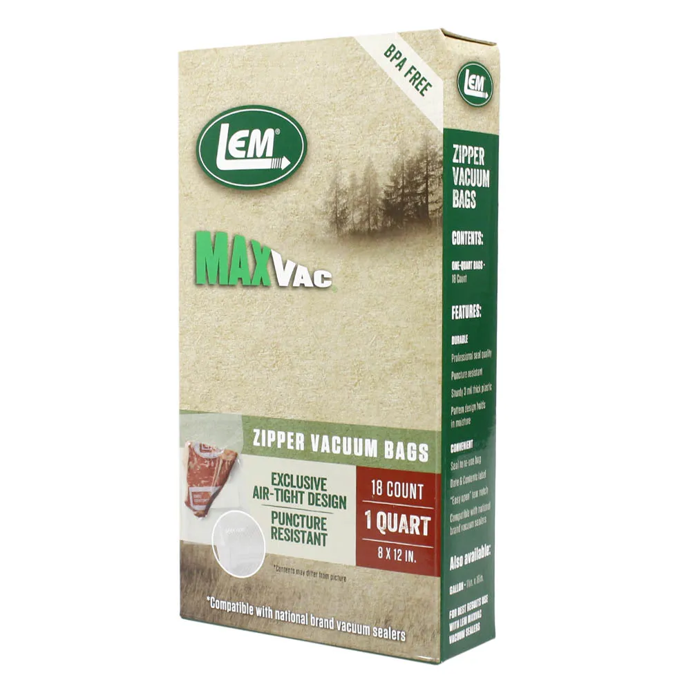 LEM MaxVac 18 Count 8" x 12" Quart Air Tight Vacuum Bags with Zipper Top 1590