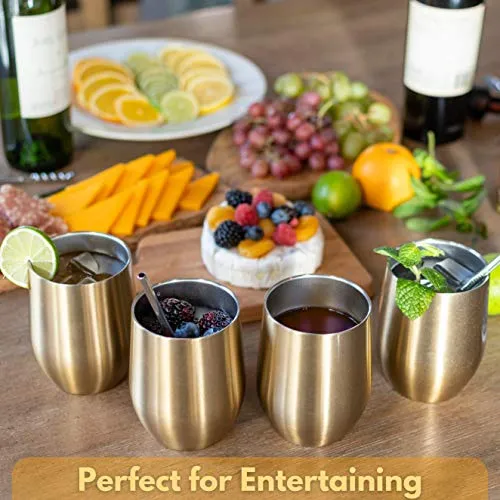 LOADEDSPOON Stainless Steel Wine Tumbler with Lid and Straw 4 pack, Gold Wine Glasses, Wine Tumbler Set, Unbreakable Wine Glasses, Stemless Wine Glasses Set of 4, Wine Tumblers, Wine Glass Tumbler