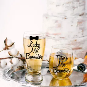 Lucky Mr. and Future Mrs. Pilsner and Stemless Wine Glass Set