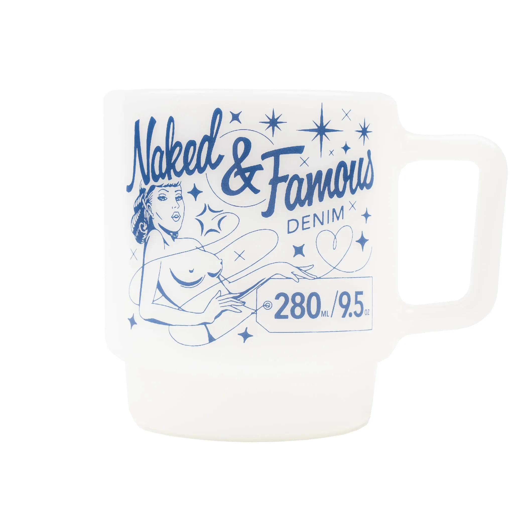 Milk Glass Stackable Mug - White with Blue Pinup Logo