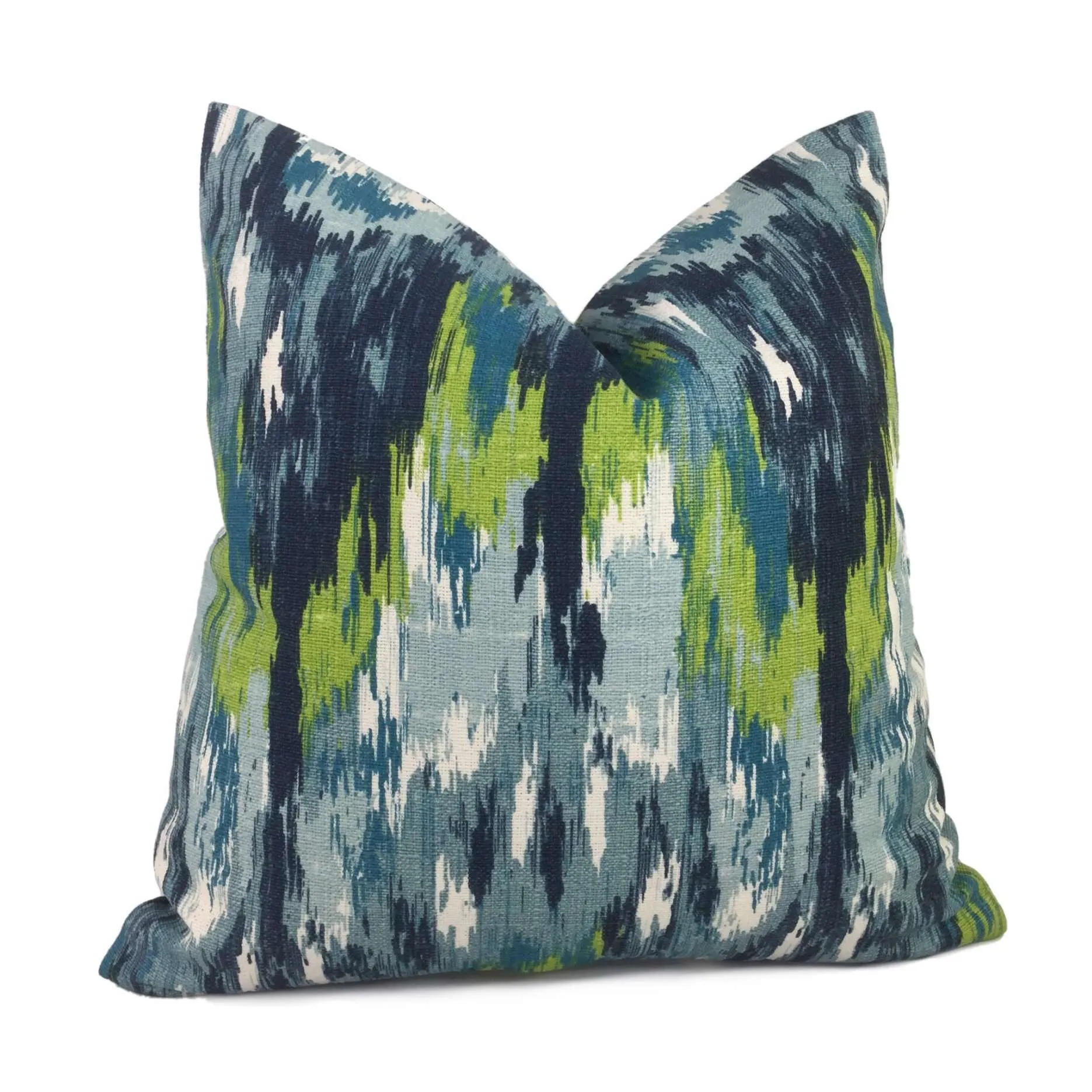 Monteverde Blue Green Abstract Ikat Cotton Print Pillow Cover