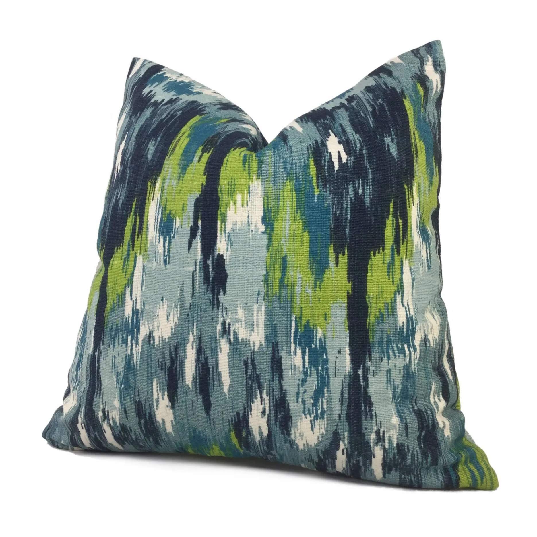 Monteverde Blue Green Abstract Ikat Cotton Print Pillow Cover