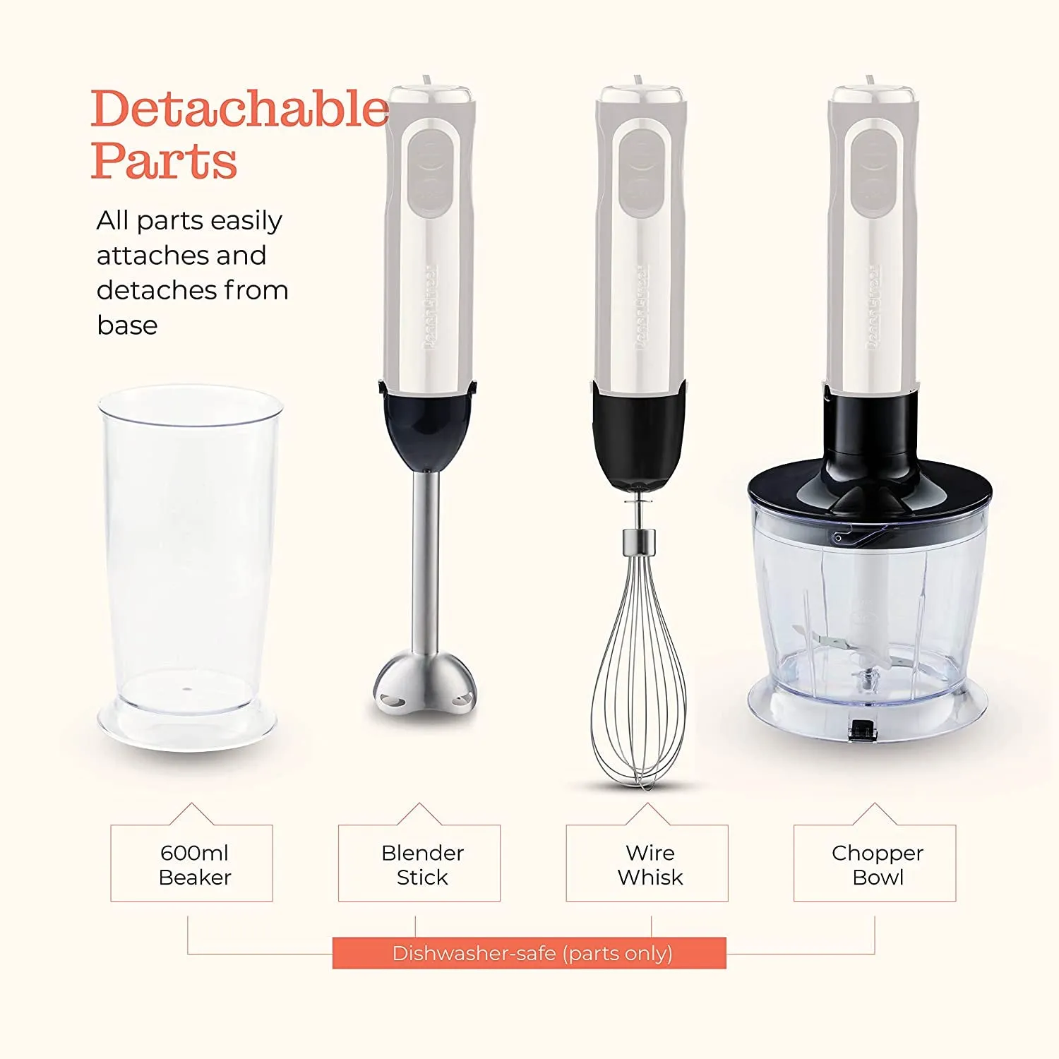 Multi-Use 800W Immersion Hand Blender, Handheld Blender Stick, Whisk, Beaker with Measuring Marks And Chopper