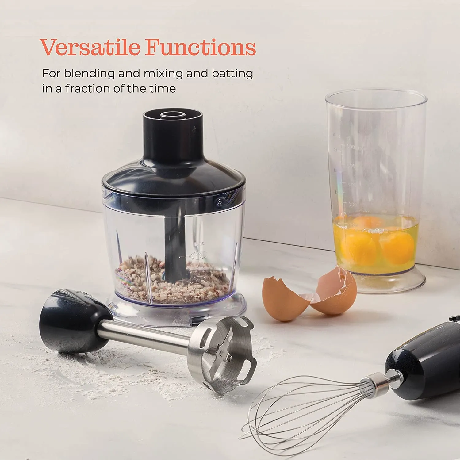 Multi-Use 800W Immersion Hand Blender, Handheld Blender Stick, Whisk, Beaker with Measuring Marks And Chopper