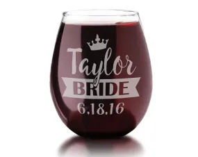 Personalized Crown Stemless Wine Glass Wedding Reception Rehearsal Toasting Glasses 21Oz Maid of Honor Bride Will You Be My Bridesmaid?