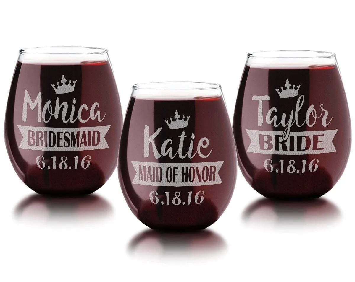 Personalized Crown Stemless Wine Glass Wedding Reception Rehearsal Toasting Glasses 21Oz Maid of Honor Bride Will You Be My Bridesmaid?