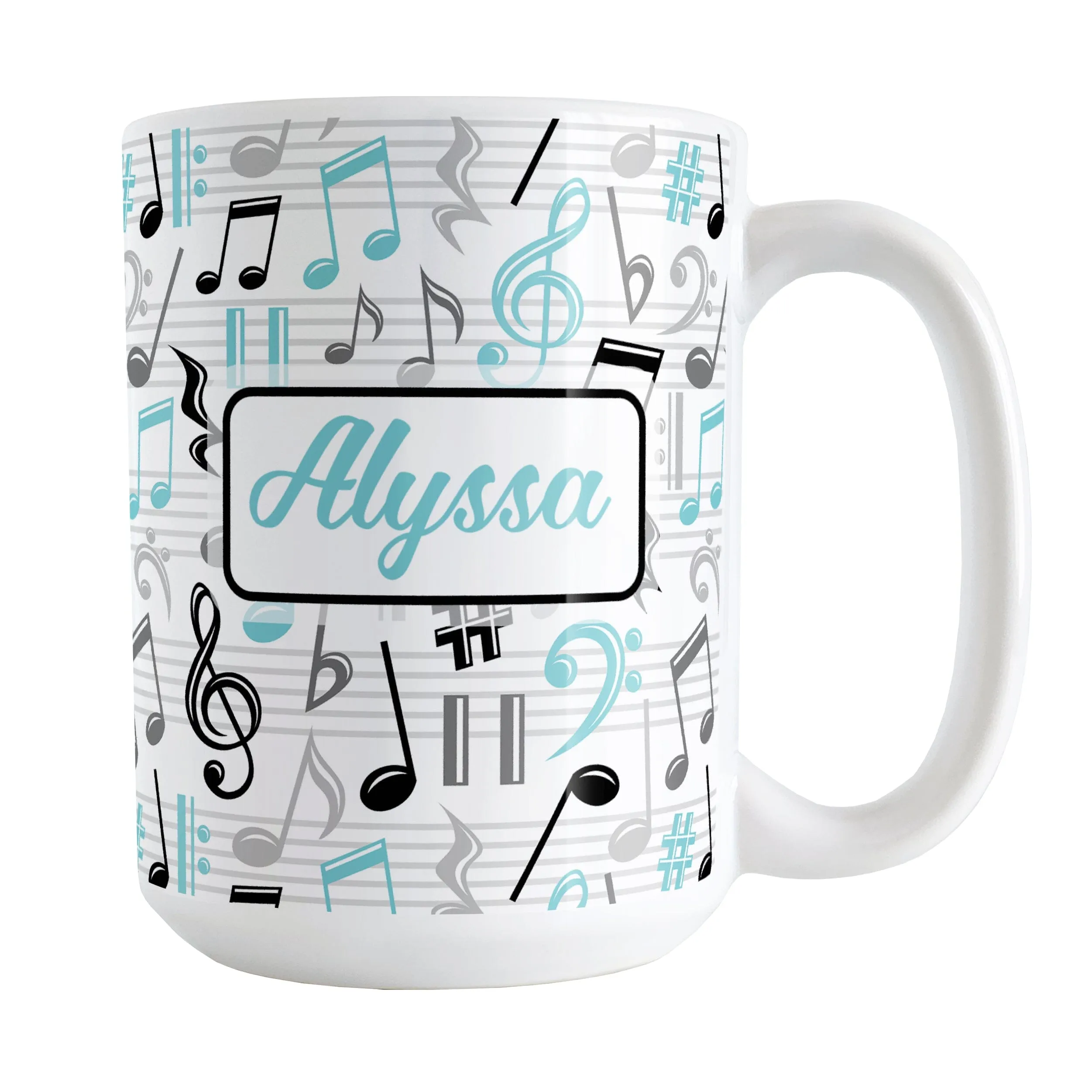 Personalized Turquoise Music Notes Pattern Mug