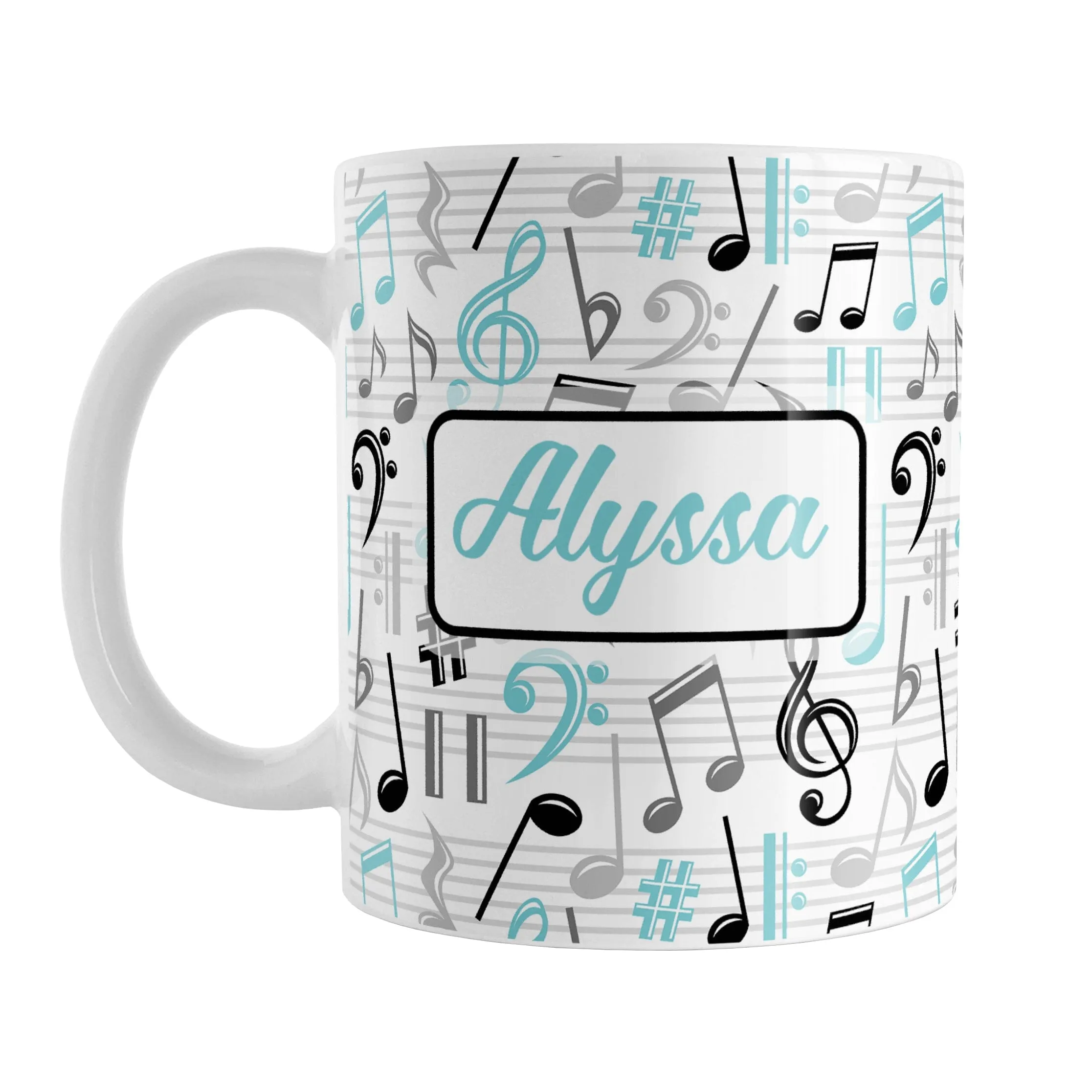 Personalized Turquoise Music Notes Pattern Mug