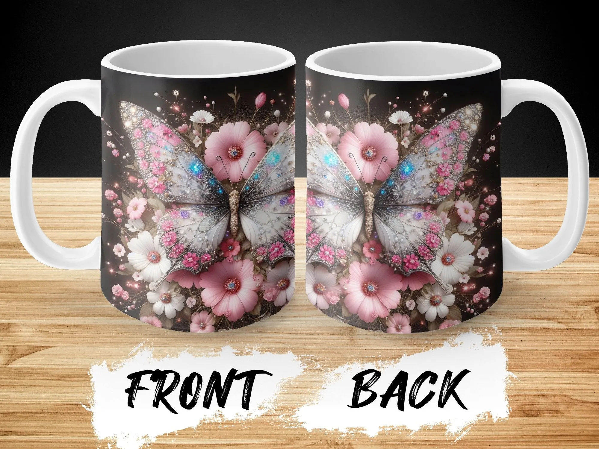 Pink & White Butterfly Flowers Coffee Mug, Pink and White Butterfly Mug for Women, Pink and White Butterfly Coffee Cup