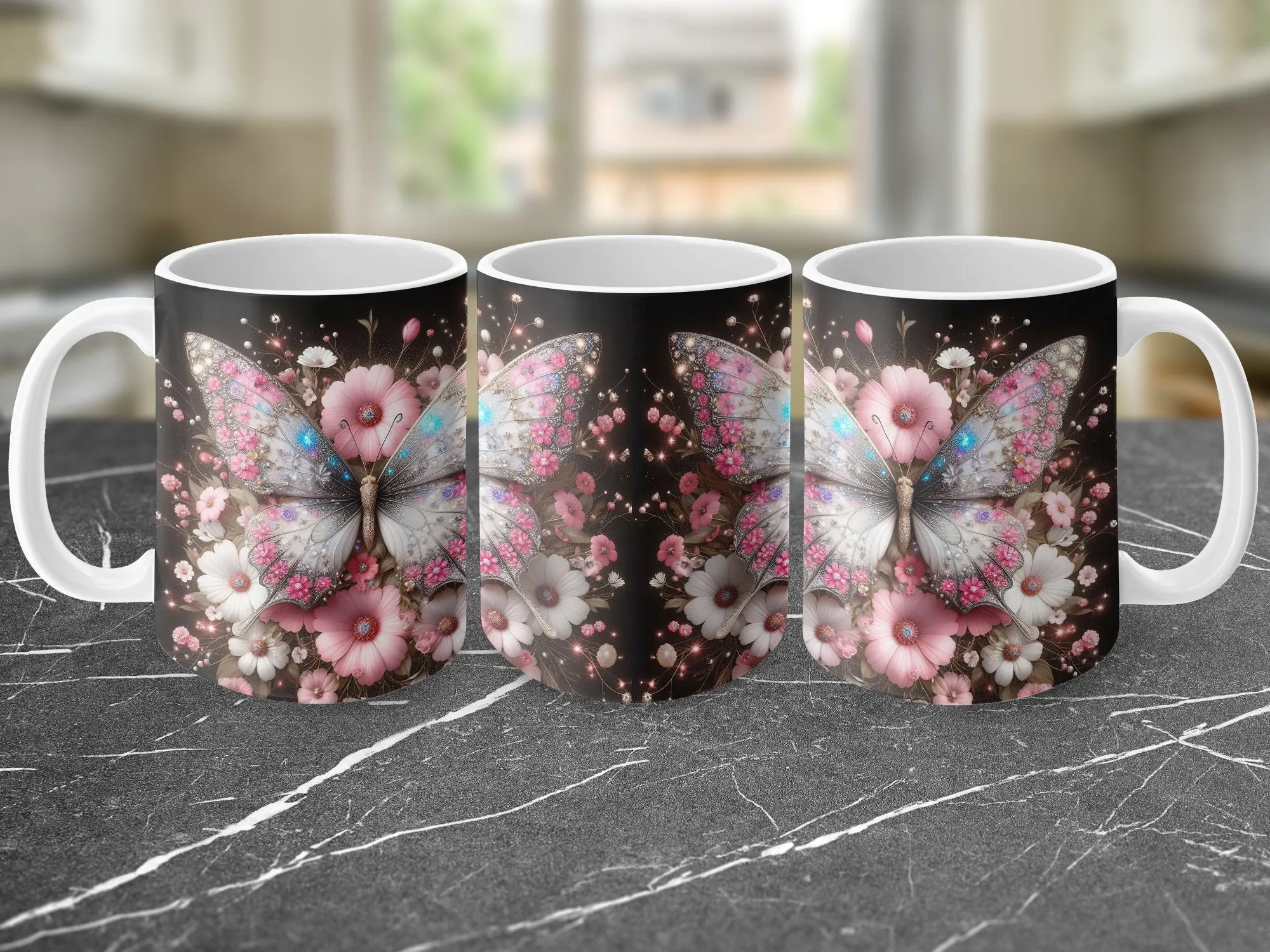 Pink & White Butterfly Flowers Coffee Mug, Pink and White Butterfly Mug for Women, Pink and White Butterfly Coffee Cup