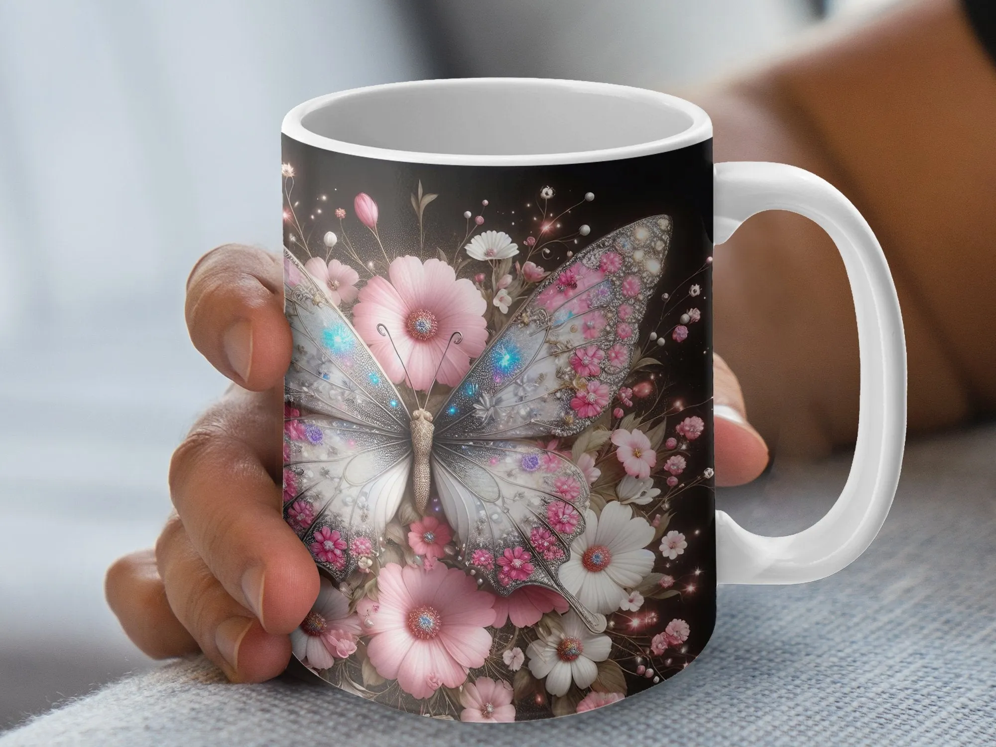 Pink & White Butterfly Flowers Coffee Mug, Pink and White Butterfly Mug for Women, Pink and White Butterfly Coffee Cup