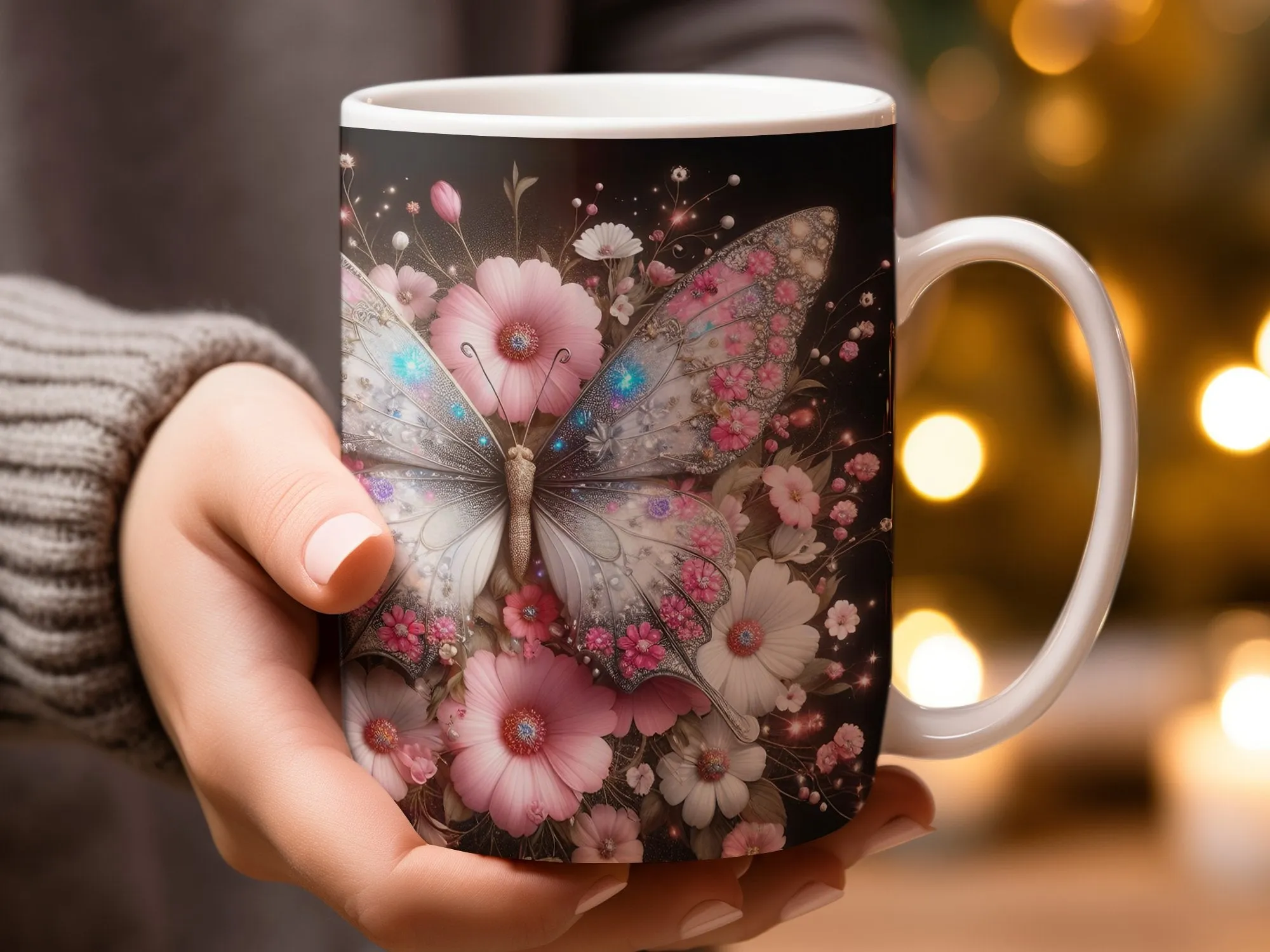 Pink & White Butterfly Flowers Coffee Mug, Pink and White Butterfly Mug for Women, Pink and White Butterfly Coffee Cup