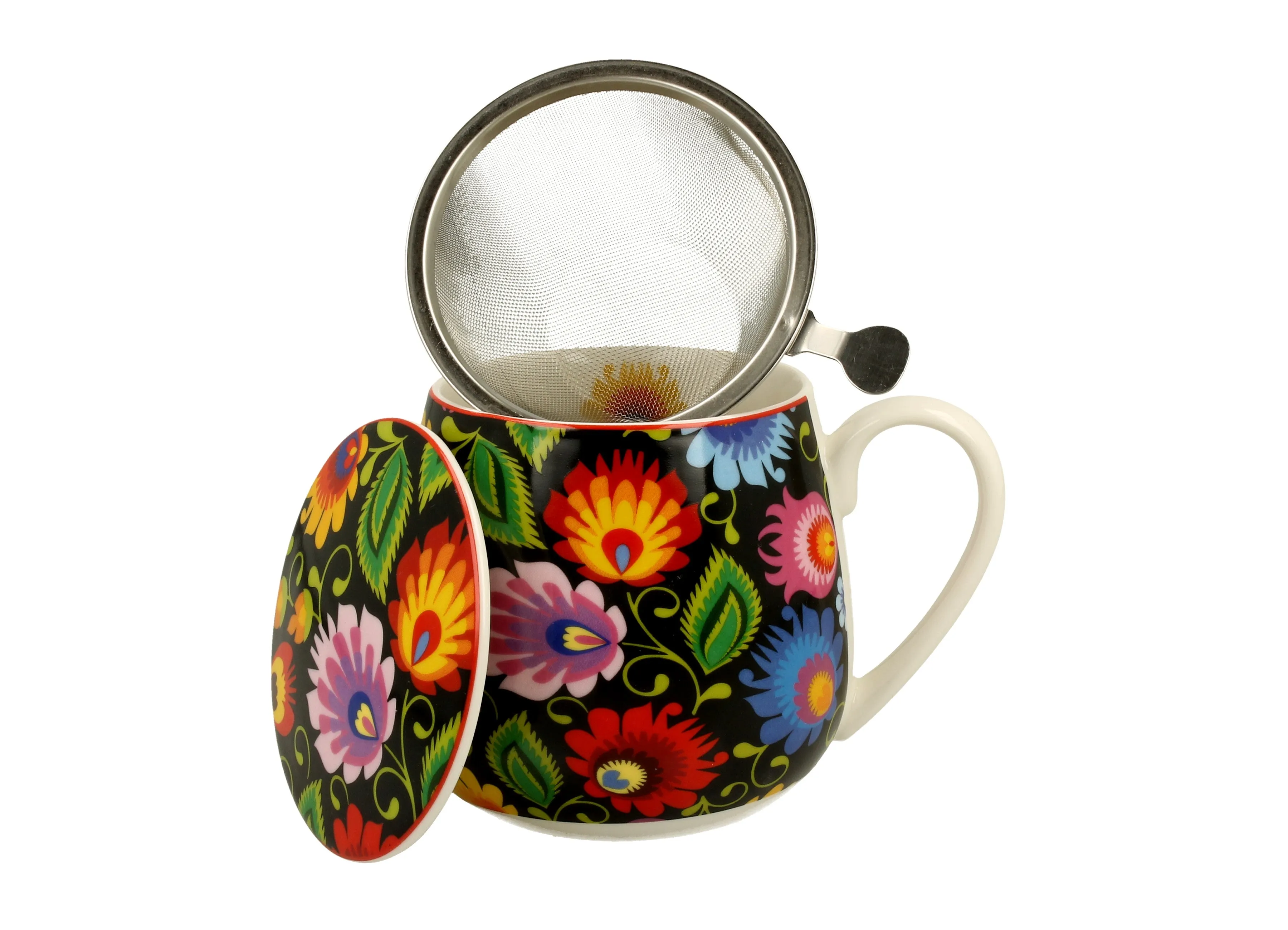 Polish Folk Art Porcelain Barrel Mug with Tea Infuser & Lid, 430ml - Lowicz Black