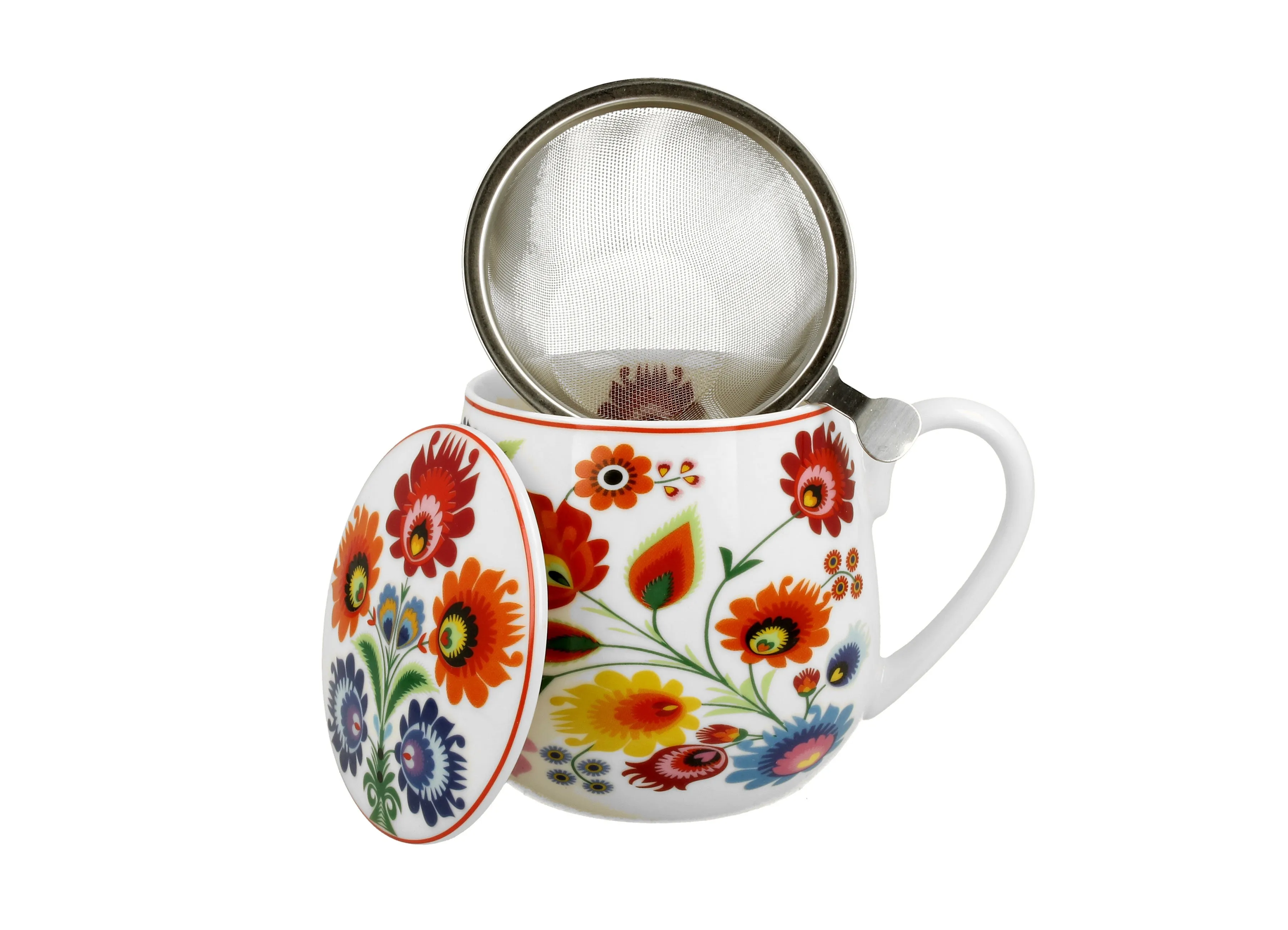 Polish Folk Art Porcelain Barrel Mug with Tea Infuser & Lid, 430ml - Lowicz White