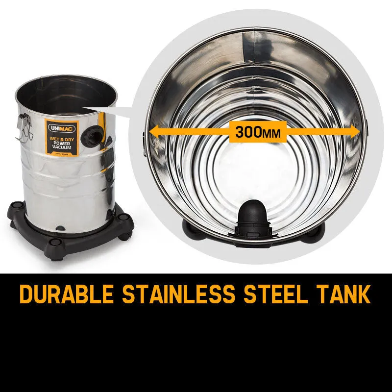 Powerful 2000W Wet/Dry Bagless Vacuum 30L Stainless Steel