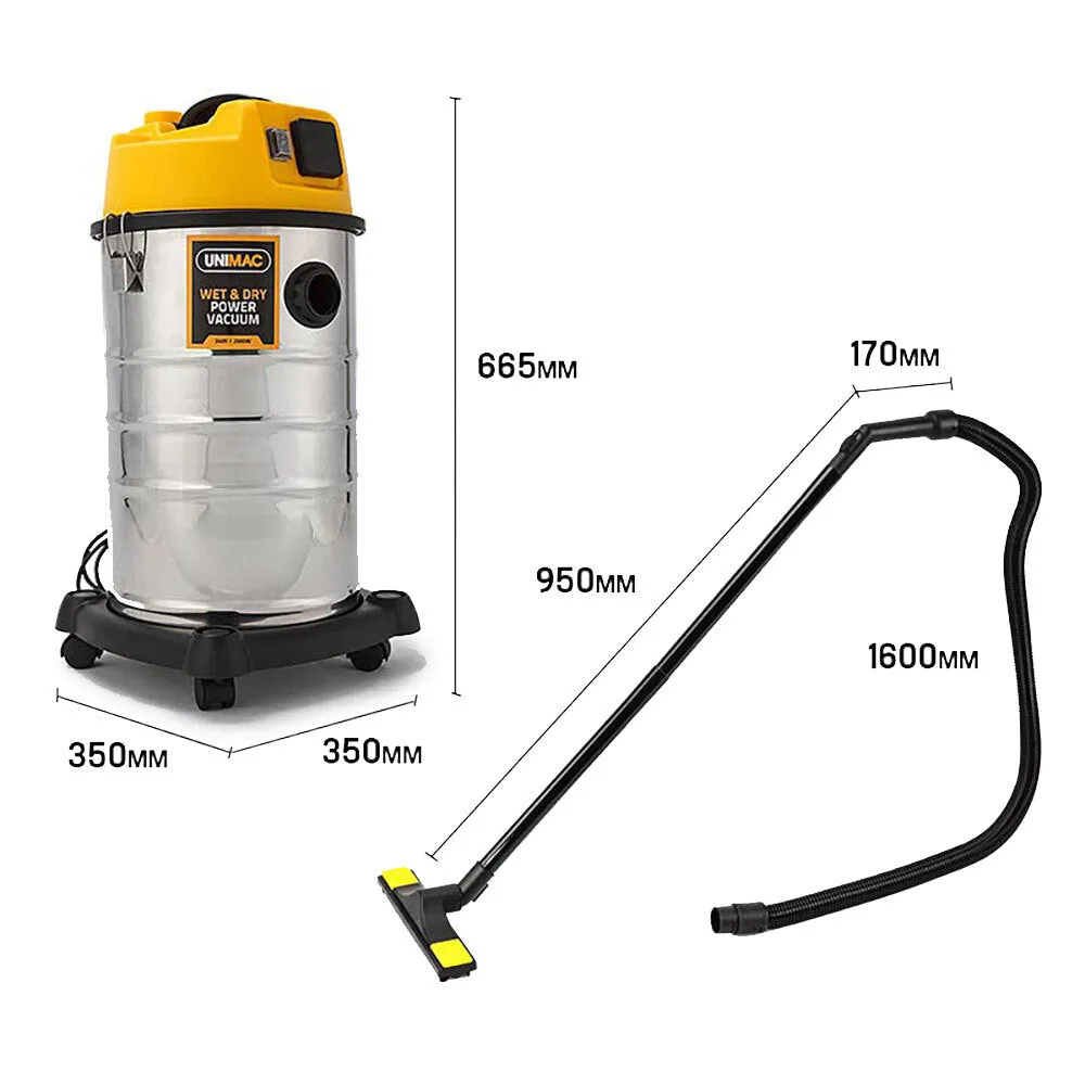 Powerful 2000W Wet/Dry Bagless Vacuum 30L Stainless Steel