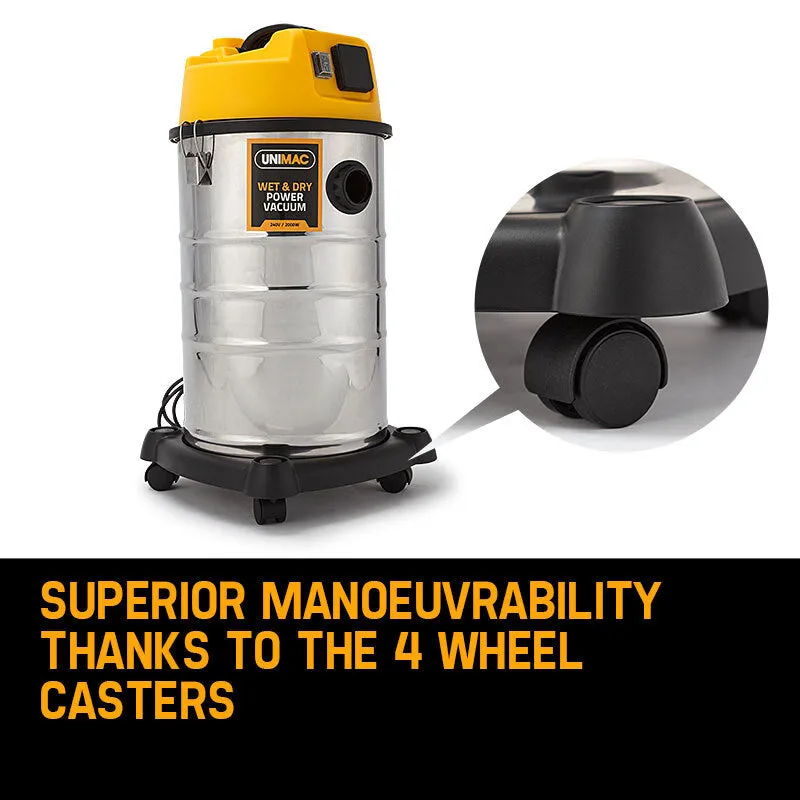 Powerful 2000W Wet/Dry Bagless Vacuum 30L Stainless Steel