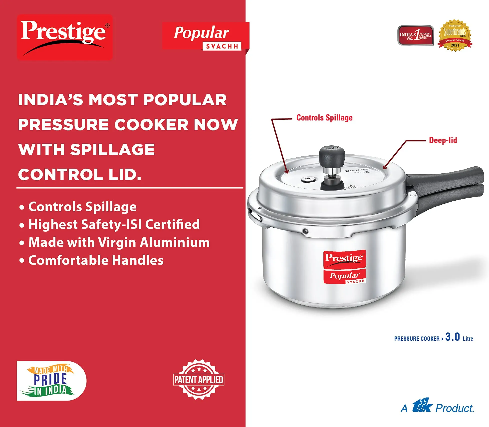 Prestige Popular Svachh Virgin Aluminium Spillage Control Outer Lid Pressure Cooker, 3 L (Silver)