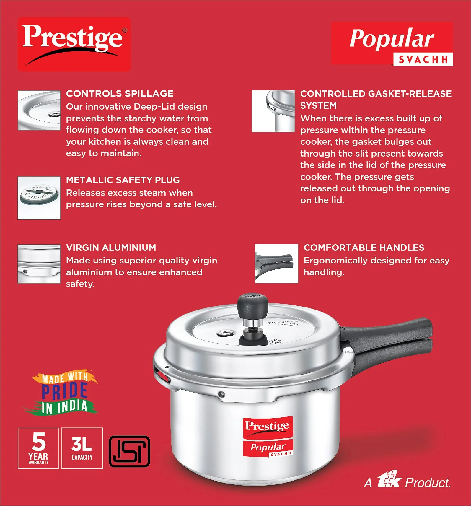 Prestige Popular Svachh Virgin Aluminium Spillage Control Outer Lid Pressure Cooker, 3 L (Silver)